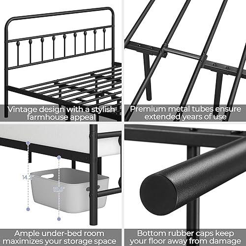Miniatura 5 de YAHETECH - Marco de cama clásico de metal con estructura de hierro y estilo victoriano, cabecero y pie, espacio debajo de la cama, no necesita base