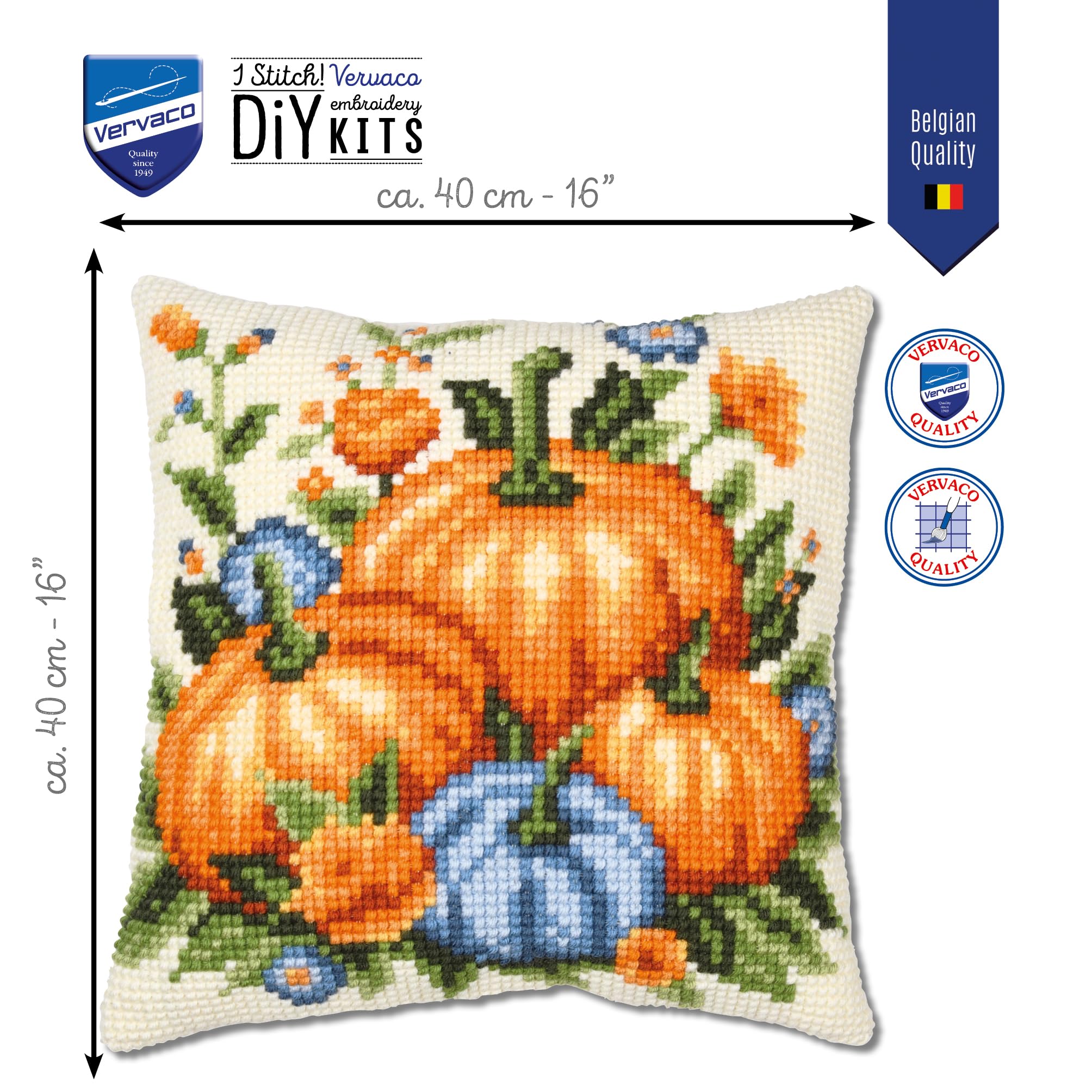 VERVACO Point De Croix Kit Coussin Complet Set Citrouilles Decoration Manuelle Broderie Kit Adulte Art Creatif Cadeau DIY 40 x 40 cmCross Stitch Embroidery