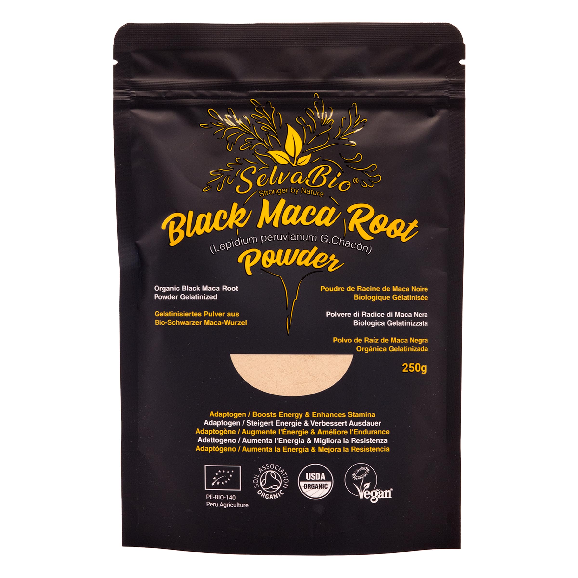 Black Maca Root Powder Gelatinized, Organic Certified, 250g from Peru, Men Support, Although for Stamina it Benefits Both Women and Men. by SelvaBio.Soil AssociationUSDA OrganicSoil AssociationSoil Association