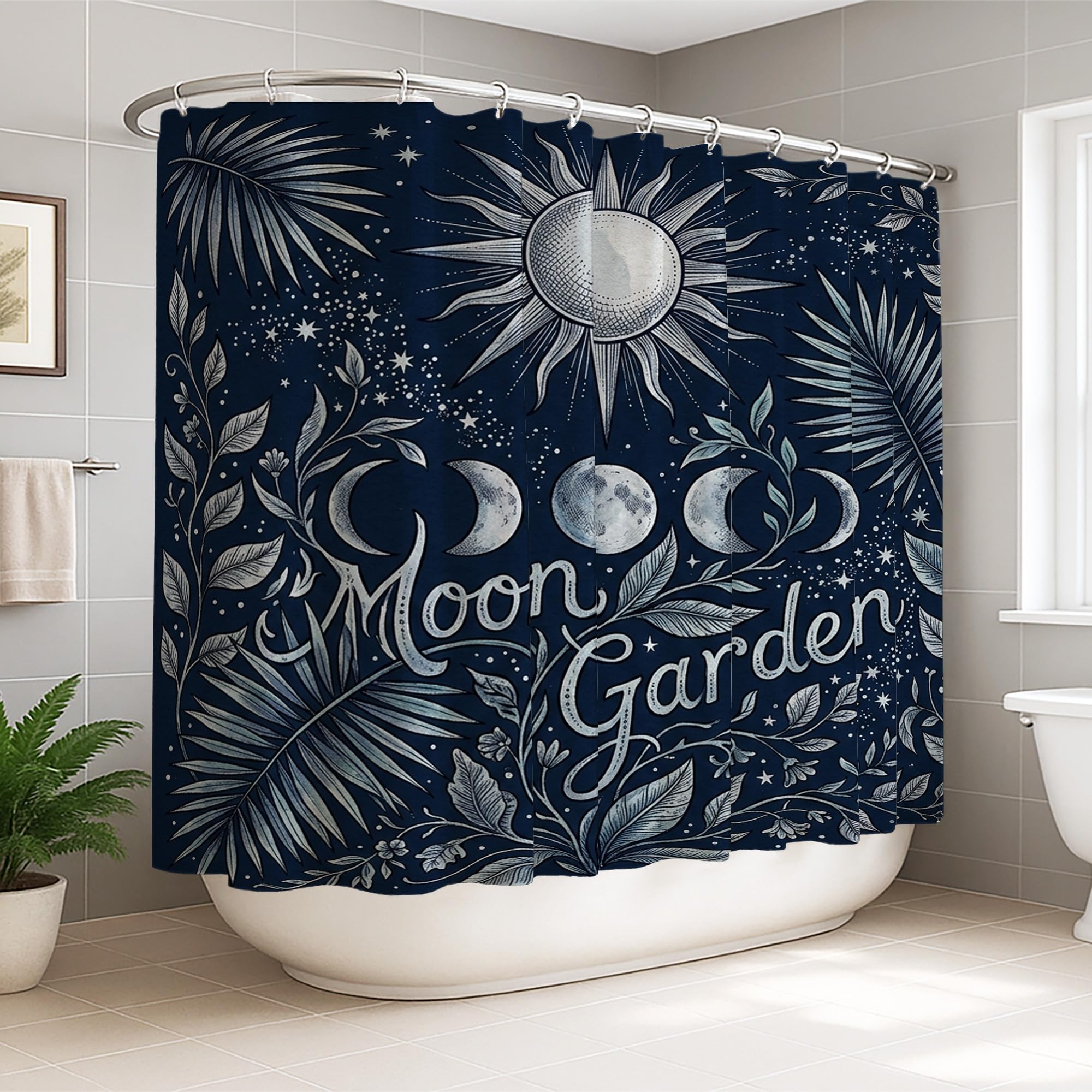 Rideau de douche motif soleil bohème pour créer une ambiance spa en été