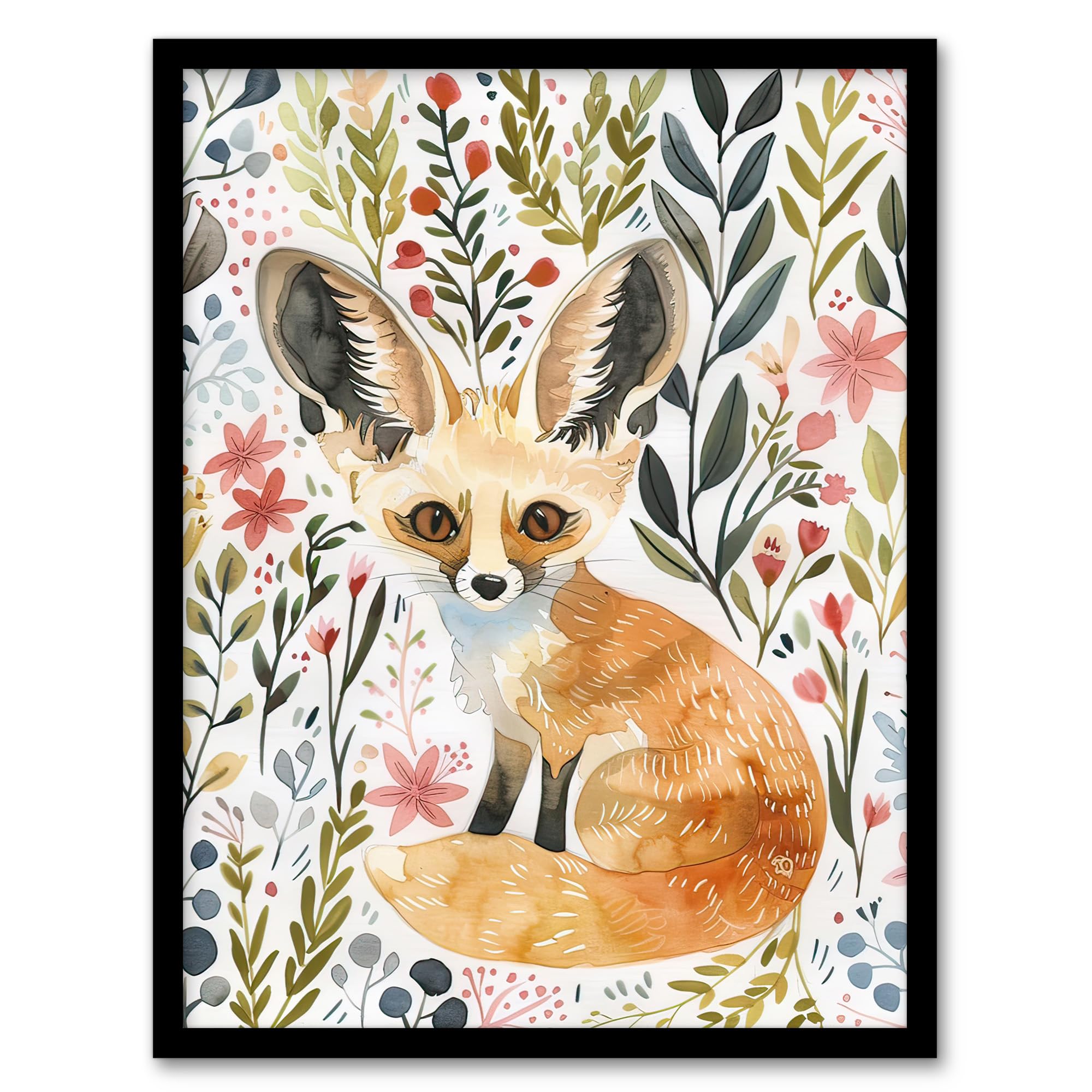Fennec Fox Boho Floral Watercolour Portrait Framed Wall Art - Artery8 - A4 Size