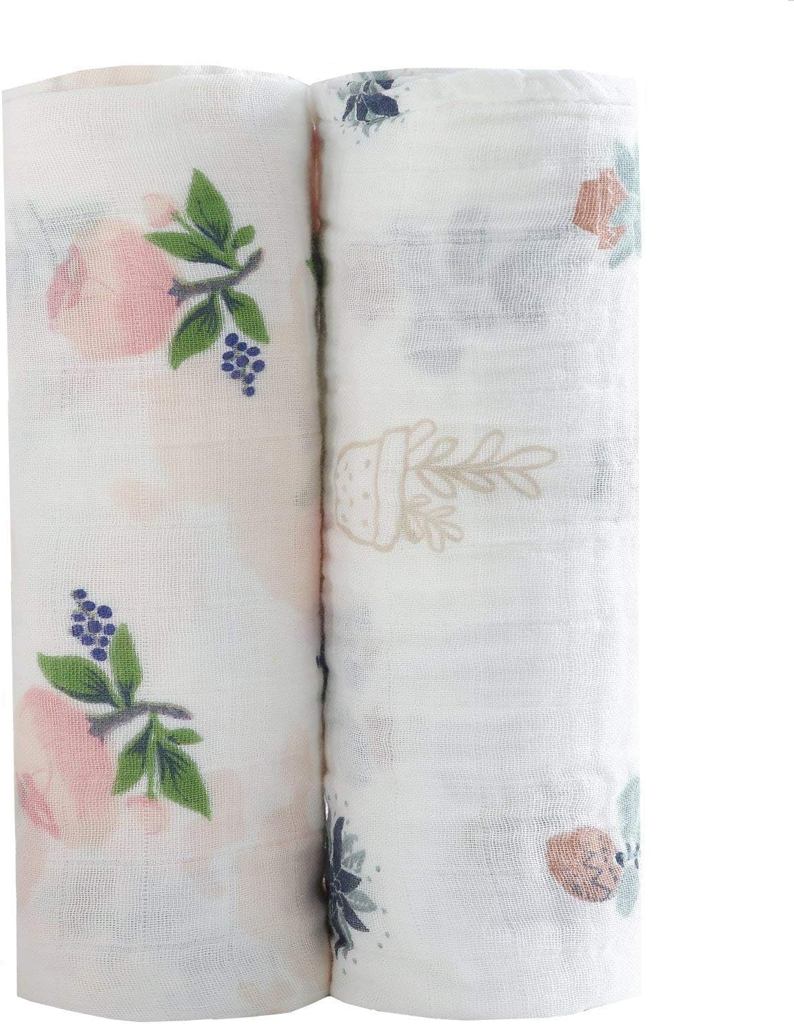 Baby Swaddle Blankets Large Unisex Muslin Swaddling Blanket 47x47 (2 Pack) Floral Swaddle Wrap Nursing Cover & Burping Cloth (Color 1)