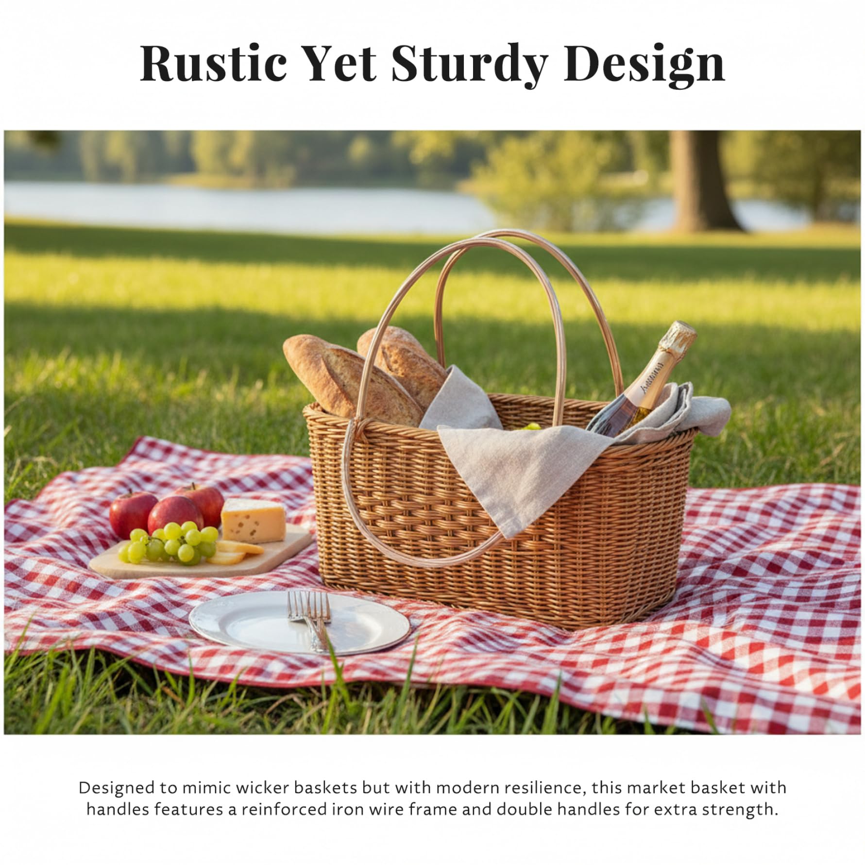 Cestino da picnic in vimini, cestino in vimini con manico per mercato e picnic, borsa per la spesa decorativa intrecciata plastica riutilizzabile con doppi manici (marrone)