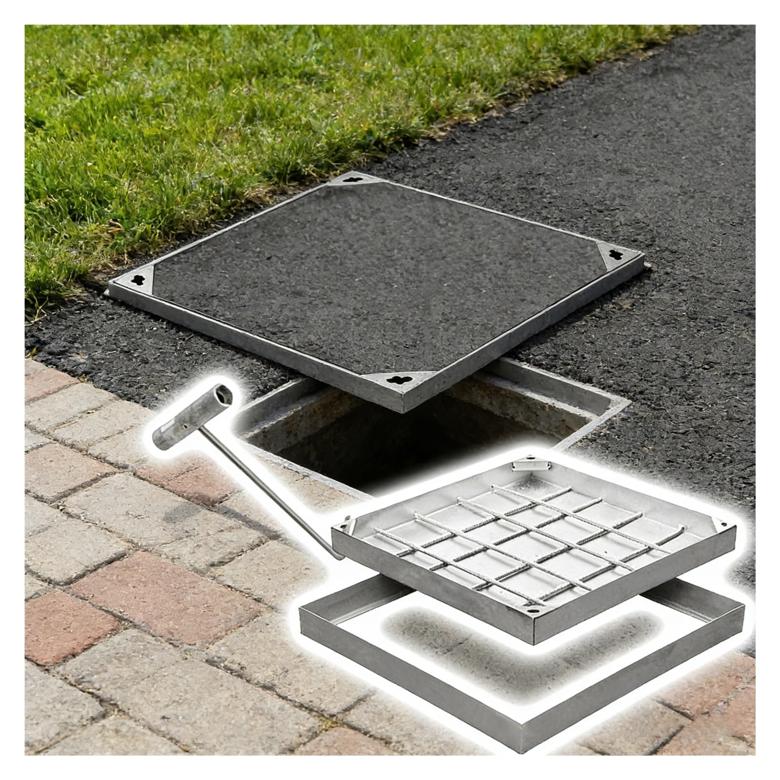 FCXWEVR Recessed Driveway Septic Tank Lid Invisible Square Stainless Steel Manhole Cover & eOutdoorAccess Cover (23x23 inch)