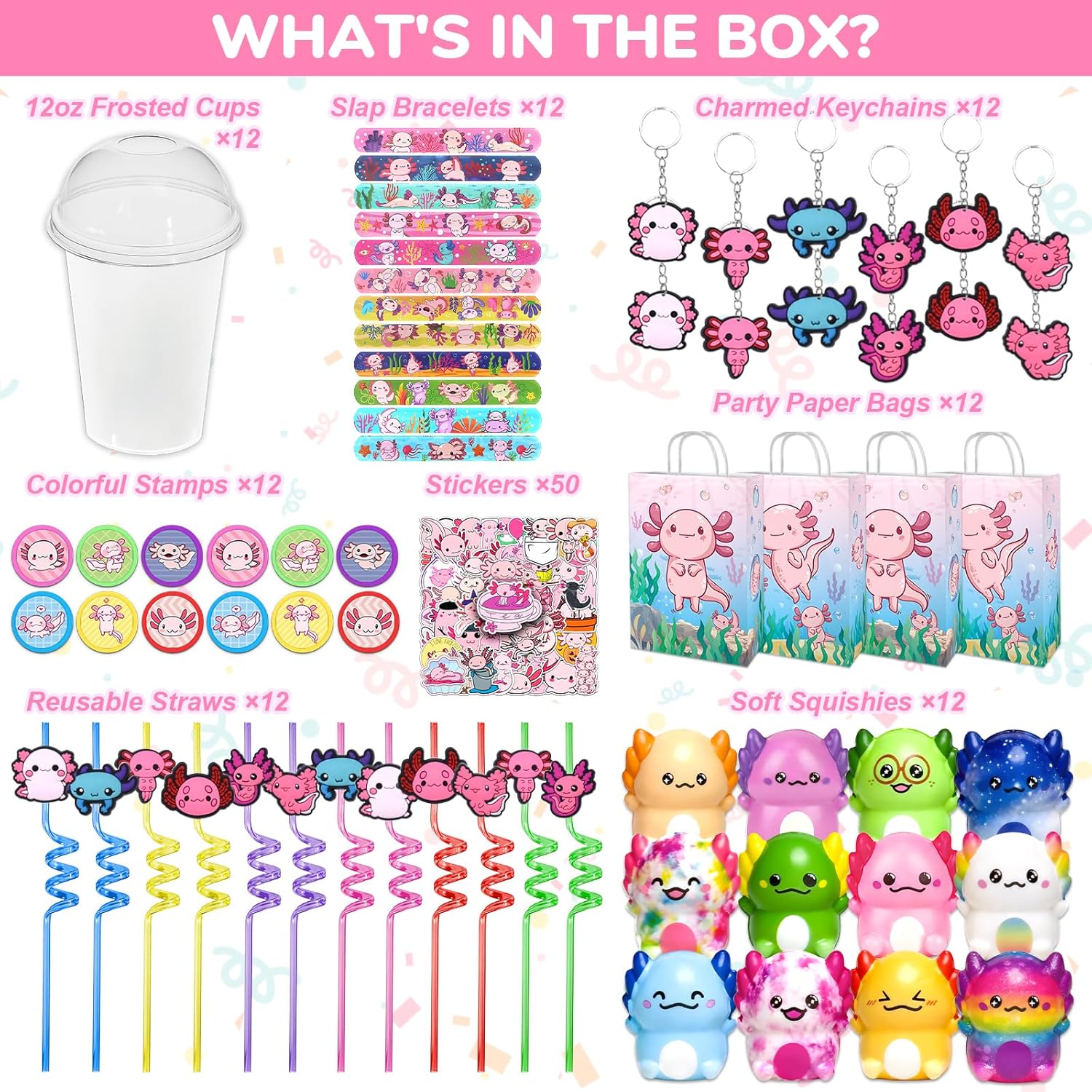 Axolotl Party Favors - including Axolotl Gift Bags, Stickers, Drinking Straws Cups for Axolotl Theme Birthday party