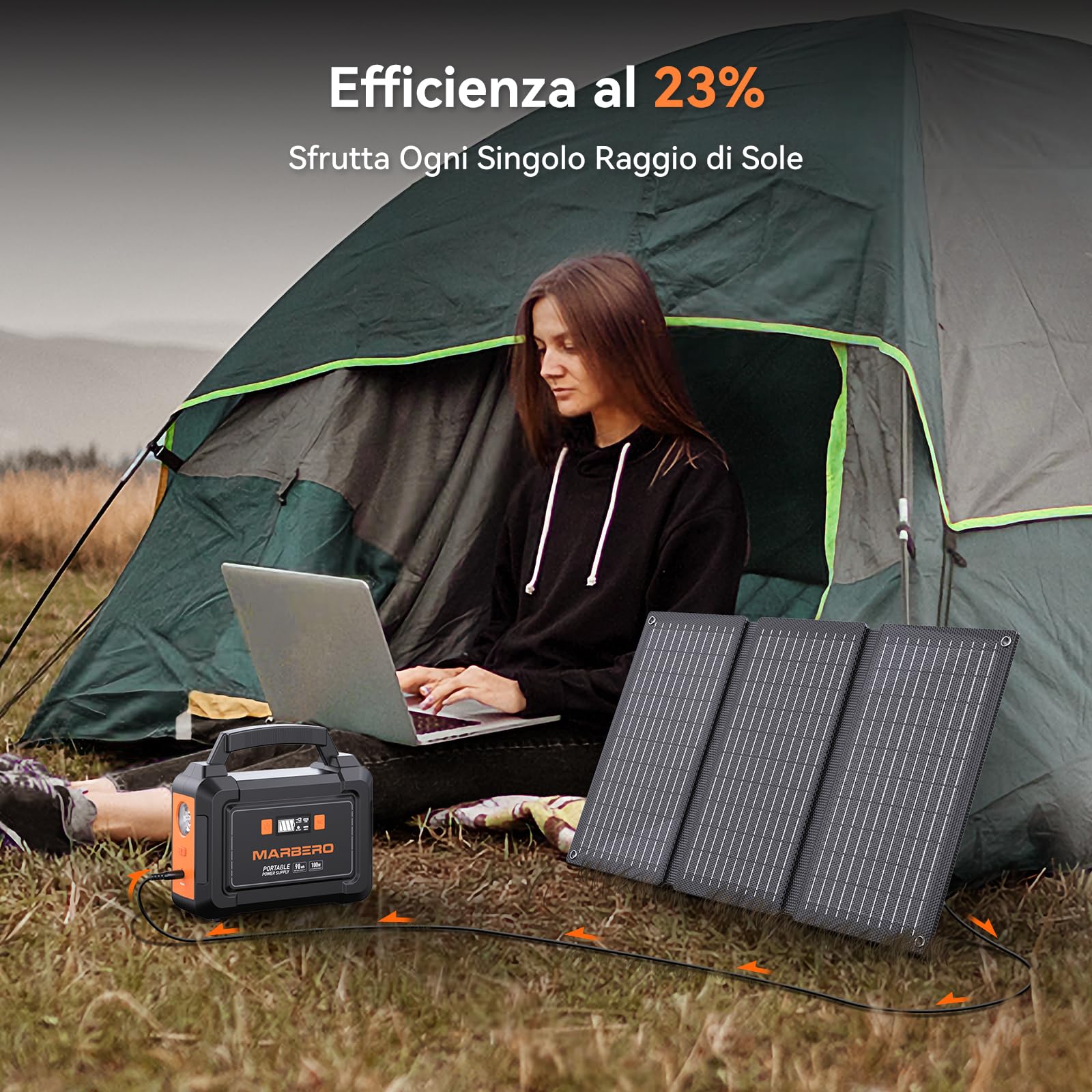 MARBERO Centrale Elettrica Portatile 26,400mAh con Pannello Solare Pieghevole da 30W Power Station 150W con Uscite DC per Strada, Avventura, Campeggio, Casa, Interruzione di Corrente