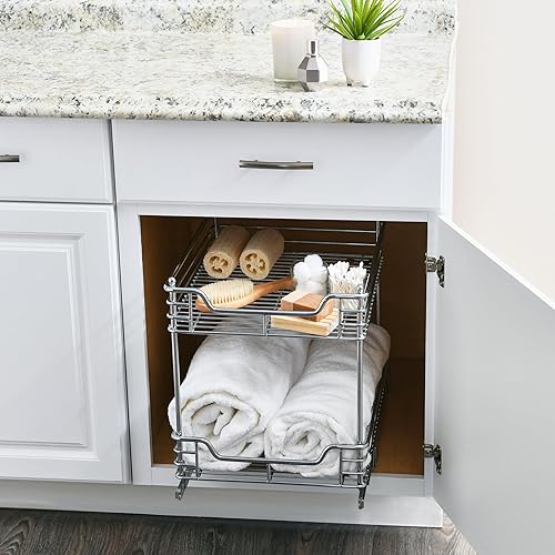 Vista 123 de Household Essentials Glidez - Organizador deslizante para debajo del fregadero, acero cromado con profundidad extendida, 1 nivel, cromado