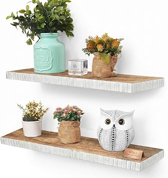 Floating Shelves for Wall | Rustic Wood Shelf for Living Room Bedroom Bathroom and Kitchen | Mosaic Border Wall Storage and Display Decor | Easy Mount Hanging Shelf Set of 2