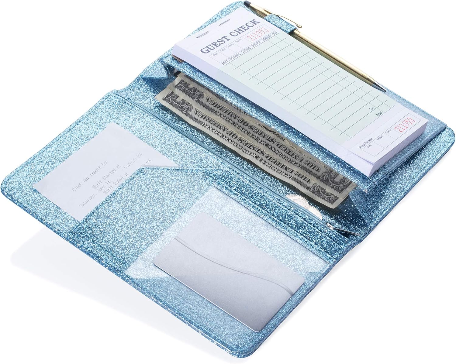 Sonic Server 5x8 Glitter Server Book Organizer with Magnetic Pocket, Zipper Pouch & Pen Holder for Waitress Waiter Waitstaff | Fits Apron Guest Checks Order Pad | Multiple Colors (Baby Blue)