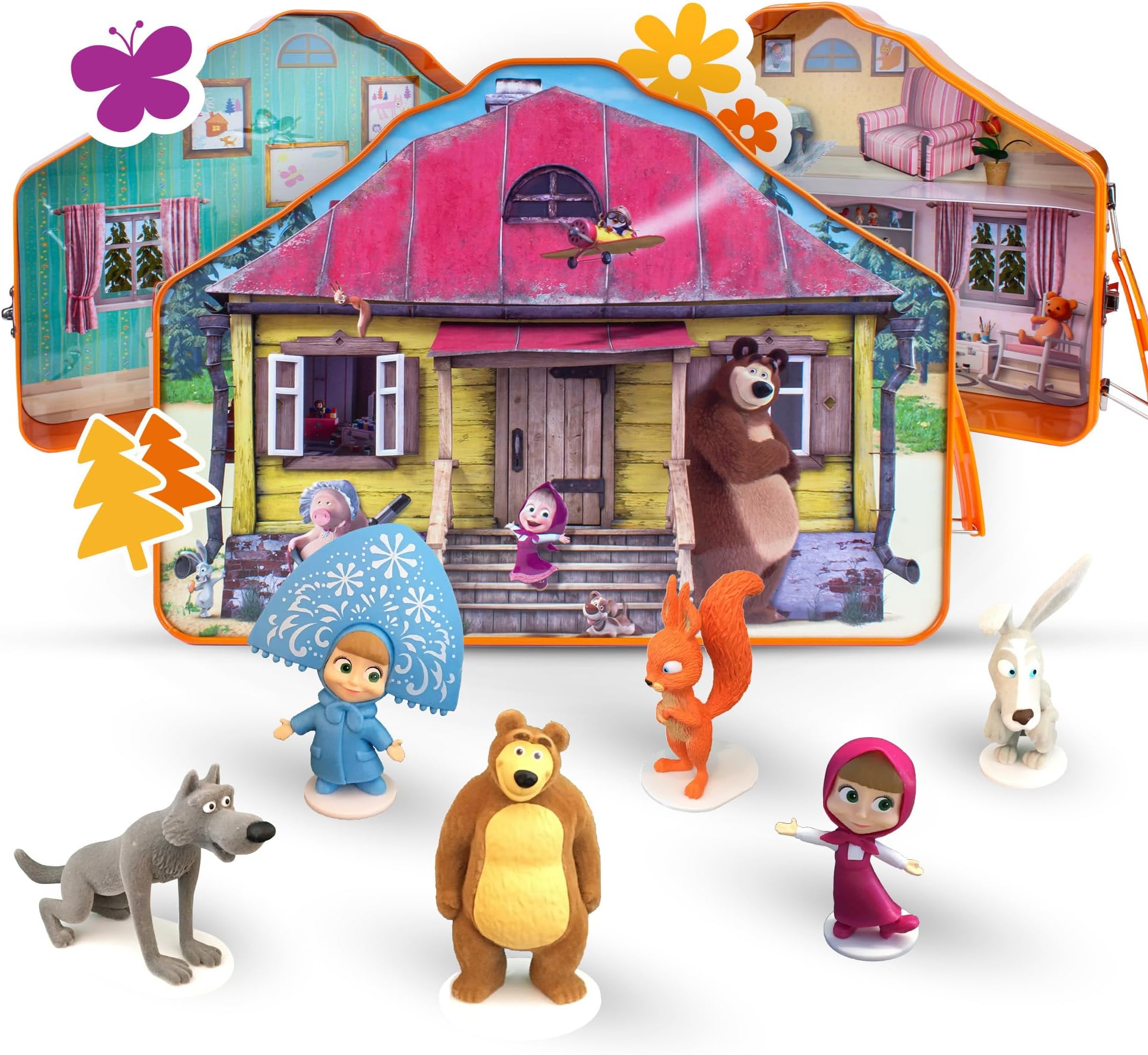 LUPPA Masha and The Bear Playset House, Top Notch Premium 6-Velvety Figurine Set in Tin-Lunchbox Easy to Carry & Store, Collectors' Delight