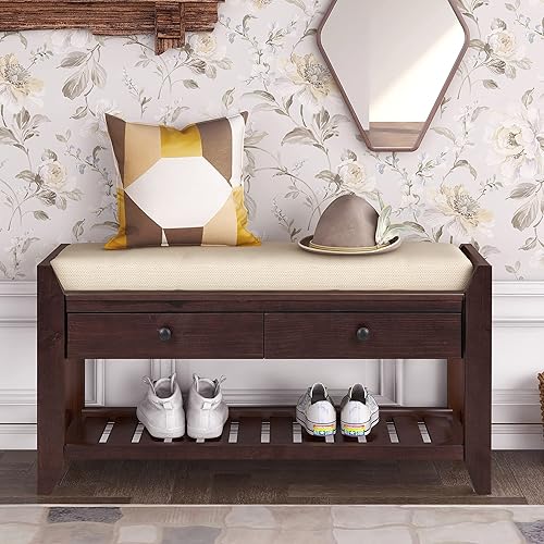 Miniatura 3 de Harper & Bright Designs TREXM Zapatero con asiento acolchado y cajones, banco de almacenamiento multiusos para entrada (espresso)