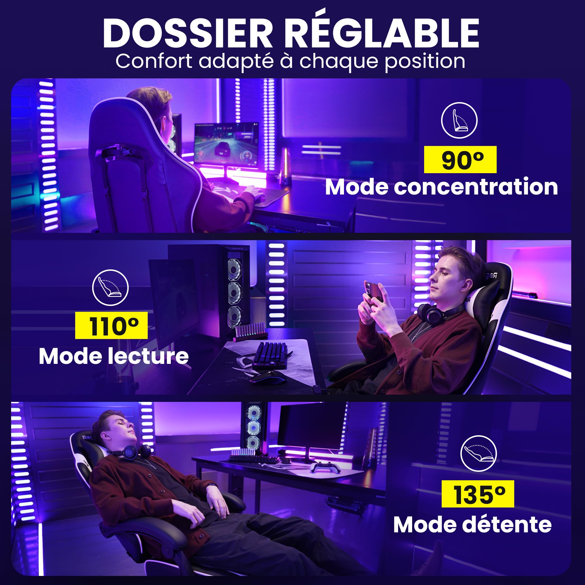 Chaise Siege Gaming Ergonomique-Chaises de Gamer avec Appui-Tête et Support