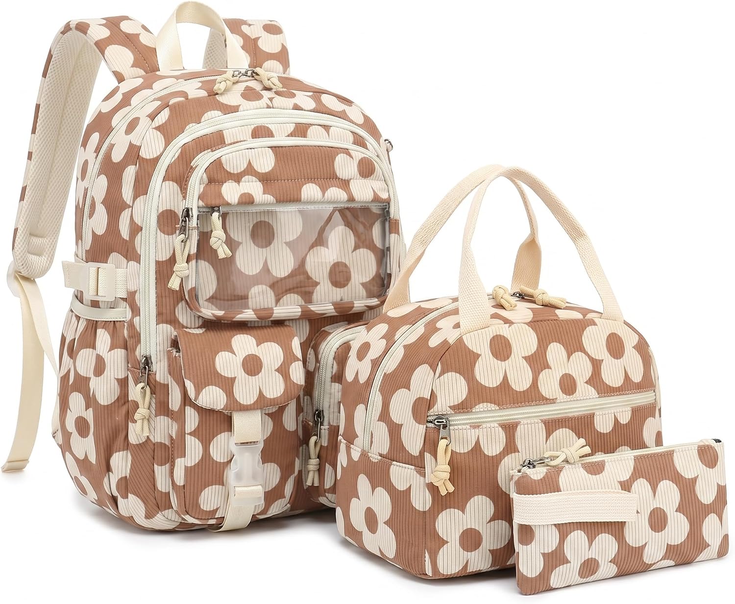 School Backpack for Girls Boys with Lunch Box and Pencil Case, 3PCS Corduroy Kids Bookbag Set for Elementary Middle High School Bag with Travel Daily Use (Large Floral Brown)