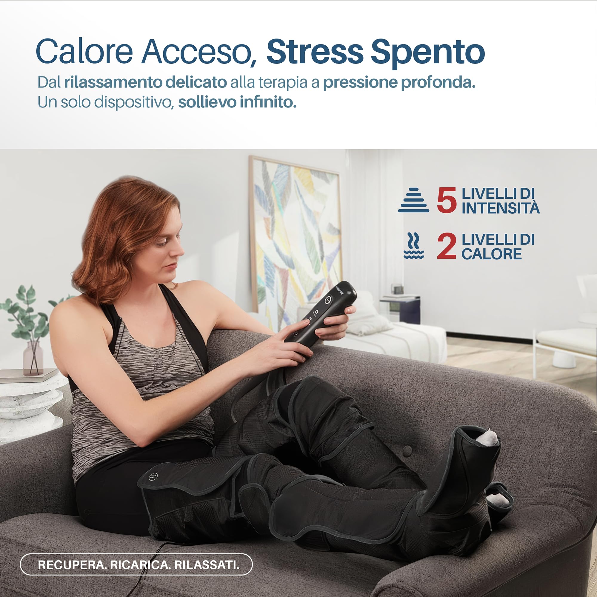 PORTENTUM Pressoterapia linfodrenaggio – Massaggiatore gambe con calore regolabile – 5 intensità compressione ad aria – Telecomando – Sollievo gambe stanche e migliore circolazione – Borsa trasporto