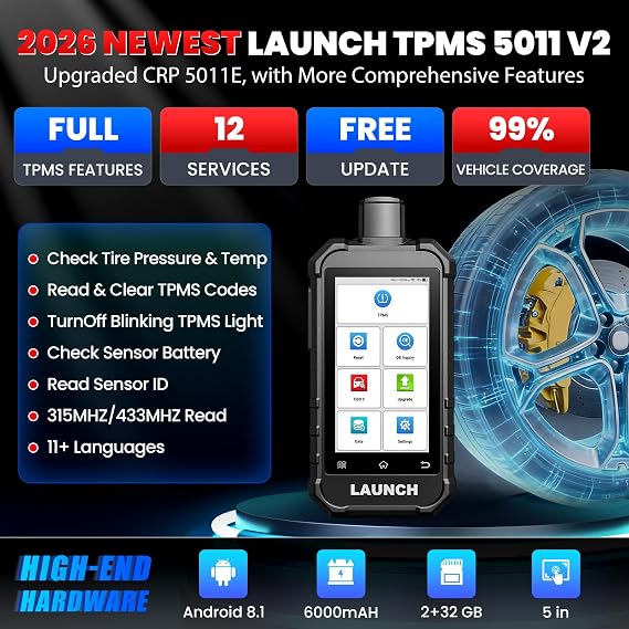 2026 Launch X431 Creader 5011 V2 TPMS Tool,TPMS Sensor (315+433MHz) Read/Activate/Relearn/Reset Scanner Tool,OBD2 Code Reader& 12 Hot Rests, Lifetime Free Update
