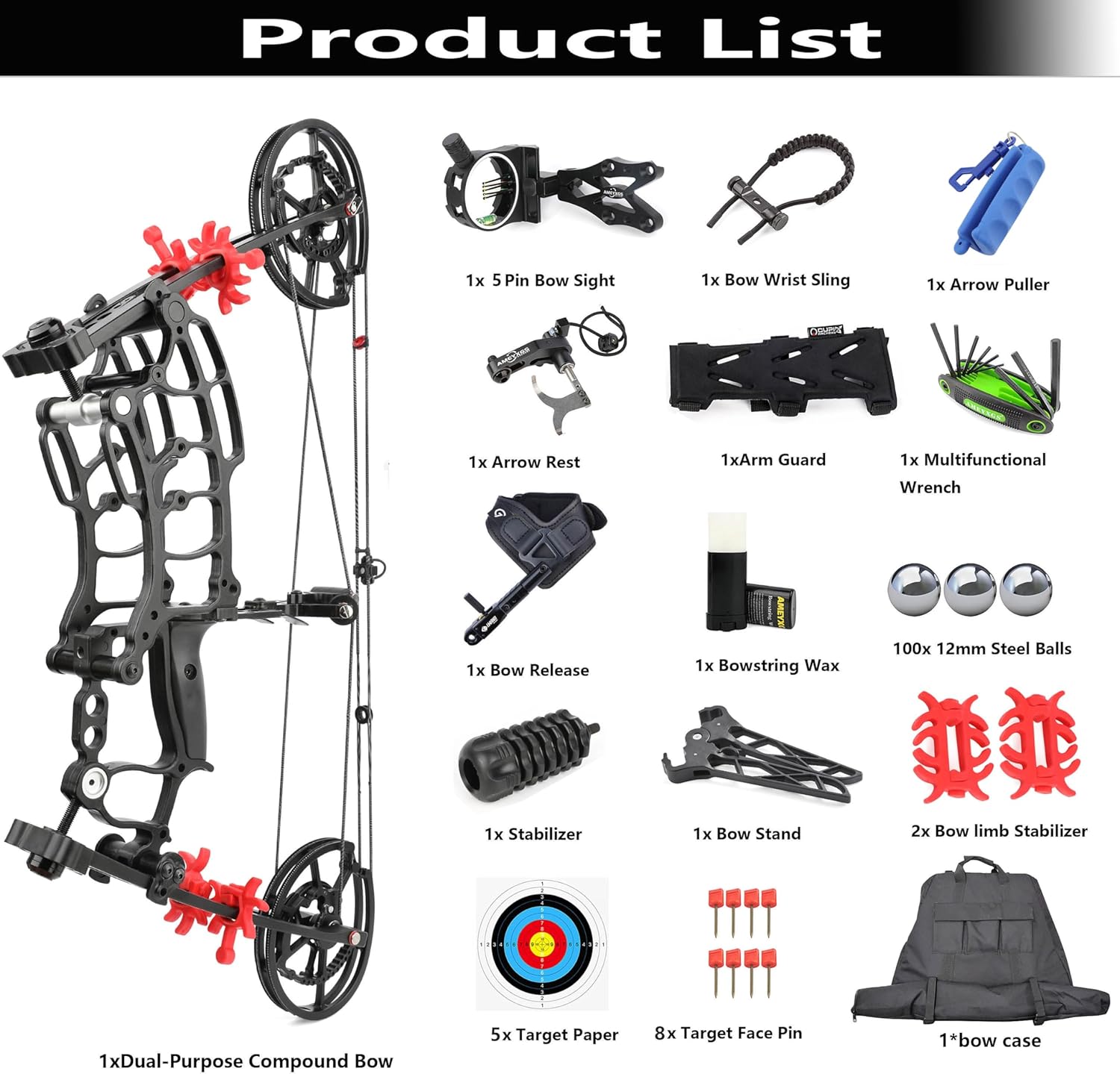 Steel Ball Compound Bow Kit, Dual Purpose Bow,Draw Weight 40-65Lbs,IBO 320Fps Short-Axis Bow Archery Hunting Target Practice for Adults Youth Left/Right Handed Archer (Black)