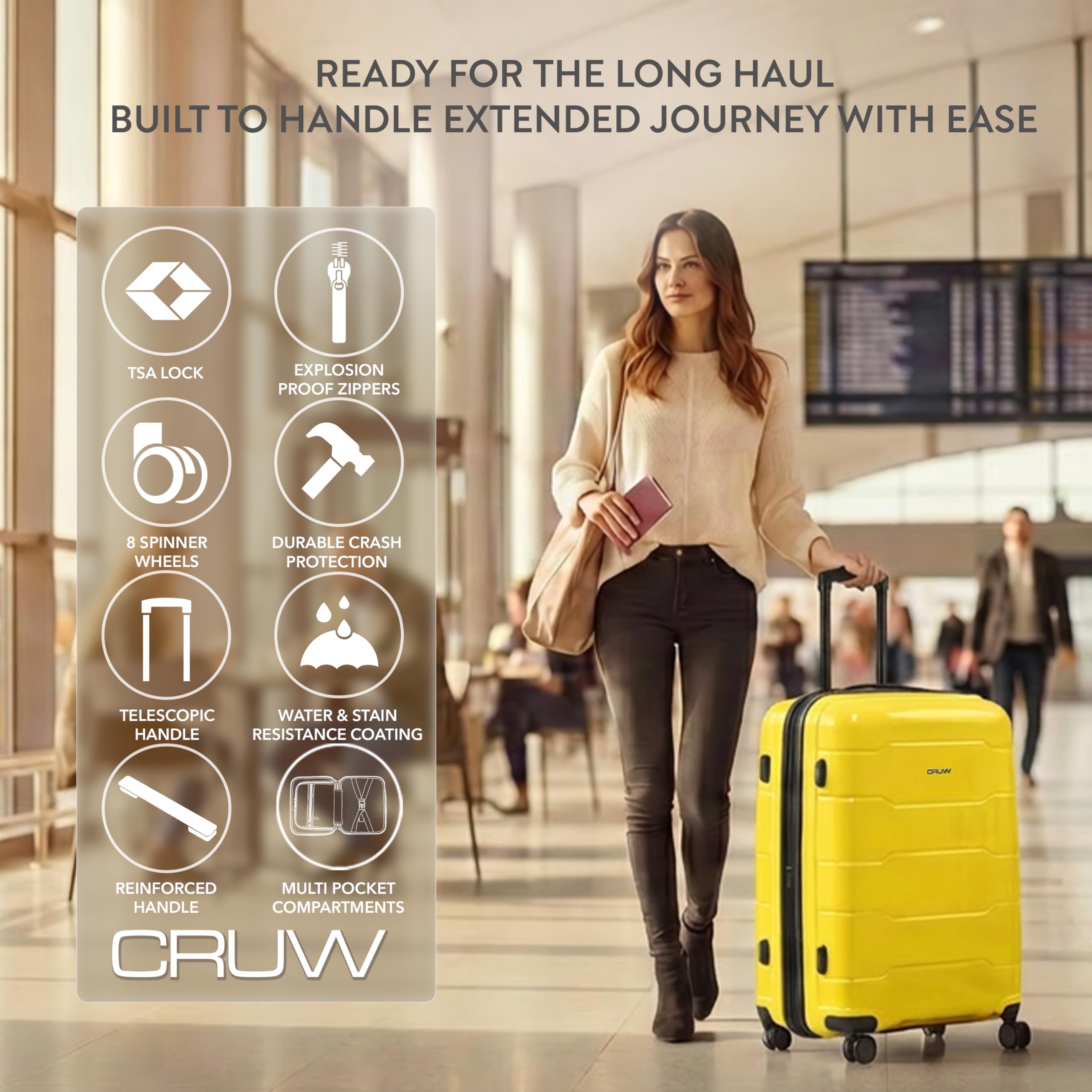 CRUW Large 28" Checked Luggage 77x51x32cm + Expandable Hold Baggage (114/121 Liters) Polypropylene Suitcase TSA Approved Lock 8 Silent Spinner Wheels Lightweight Suitcases Airline-Approved Travel