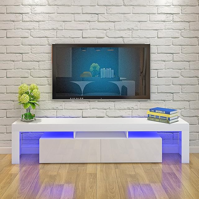 Modern White 200CM TV Cabinet for 65 to 80 inch TV With RGB LED Lights High Gloss Front TV Stand Living Room Furniture TV Cabinets (White)