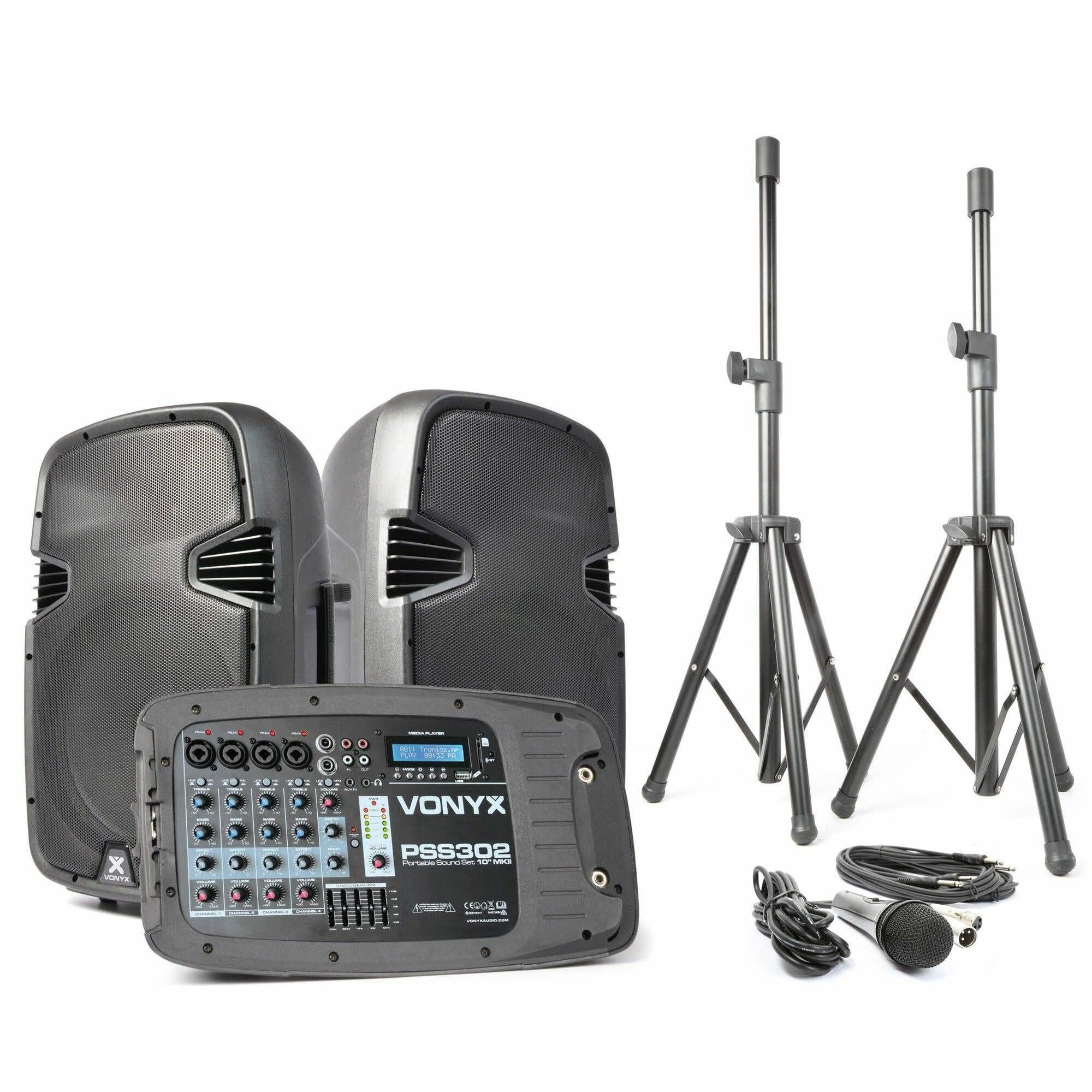 VONYX PSS302 Sono Portable 10" SD/USB/MP3/BT avec Pieds - Amplificateur Intégré - Mini Table de Mixage Intégrée - Puissance de 300 Watts - 8 Canaux - Technologie sans Fil Bluetooth