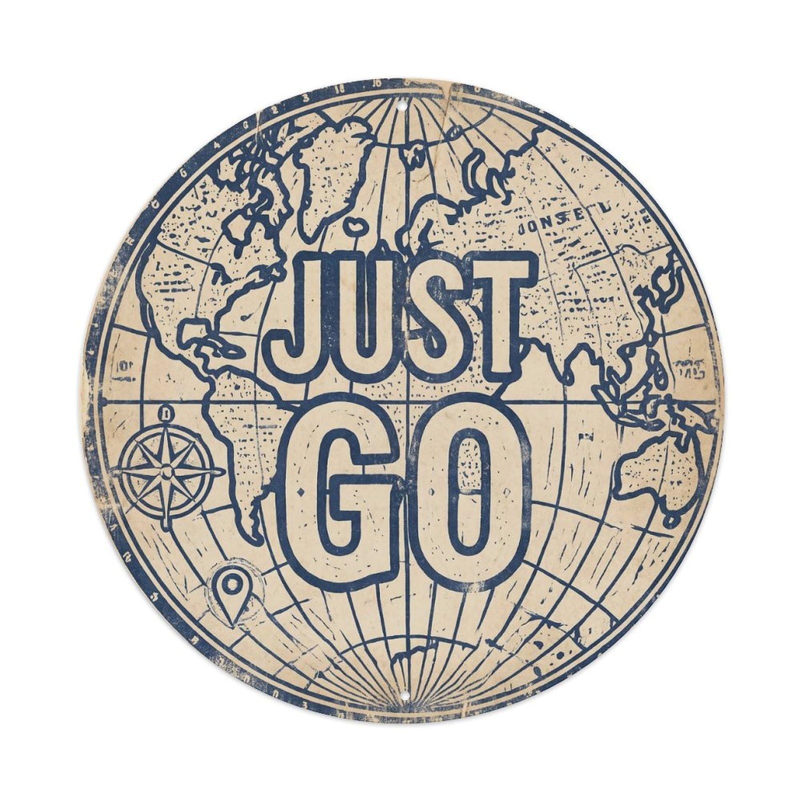 Vintage World Map with Compass Just Go Rush Metal Tin Sign
