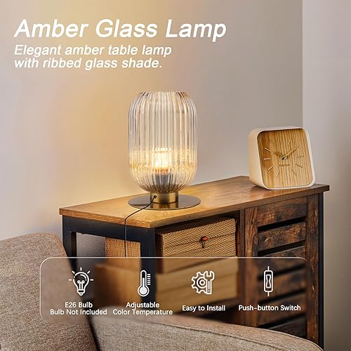 Miniatura 3 de Lámpara de mesa pequeña, lámpara de mesa moderna de mediados de siglo, lámpara de mesa de globo de vidrio acanalado ámbar, lámpara de mesita de