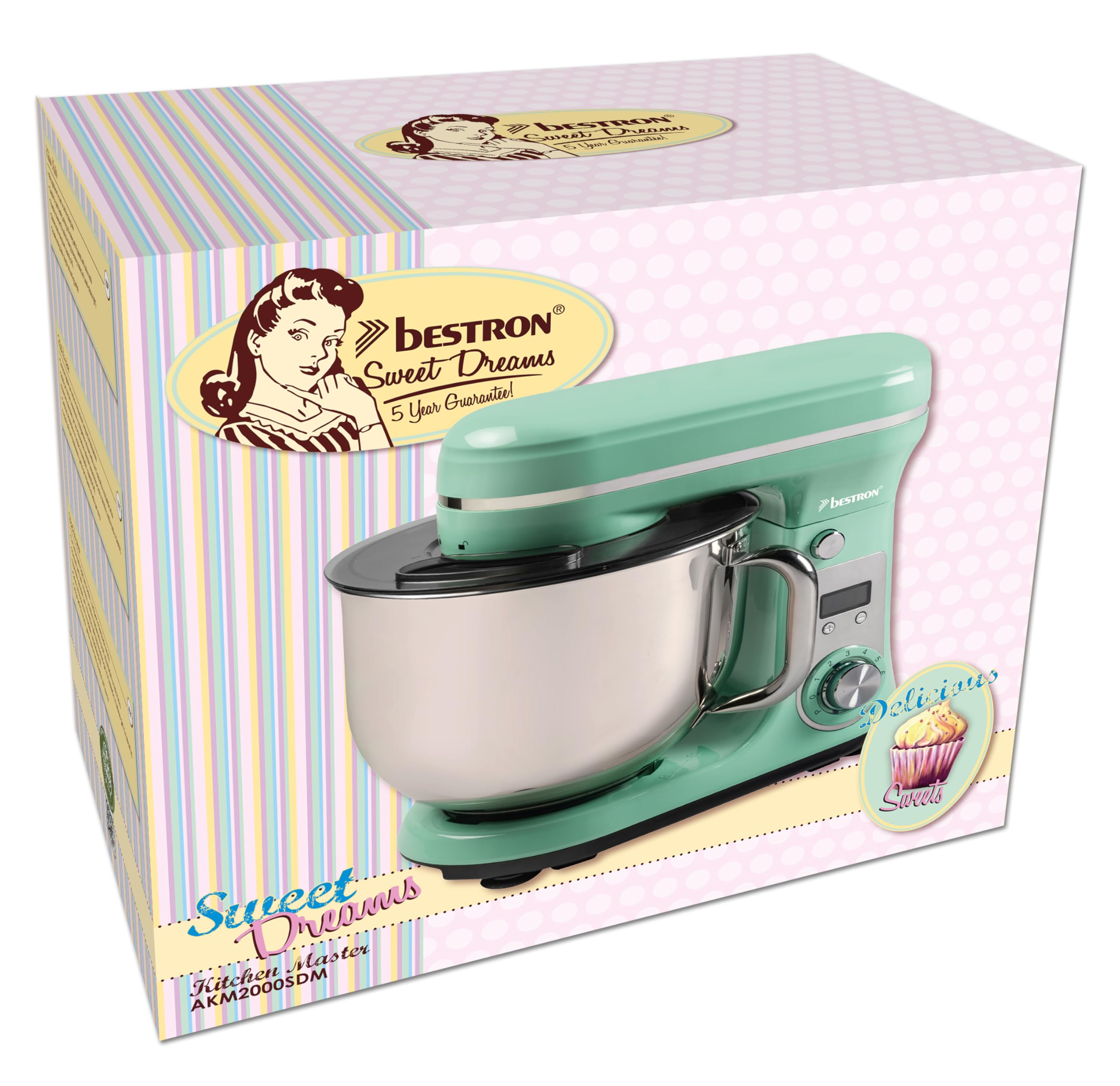 Bestron Robot Patissier, Robot pâtissier super silencieux (65 dB), Robot de cuisine 4-en-1, bol de 6 litres, inclus crochet pétrisseur, fouet et batteur plat, 6 vitesses + fonction Pulse, Vert