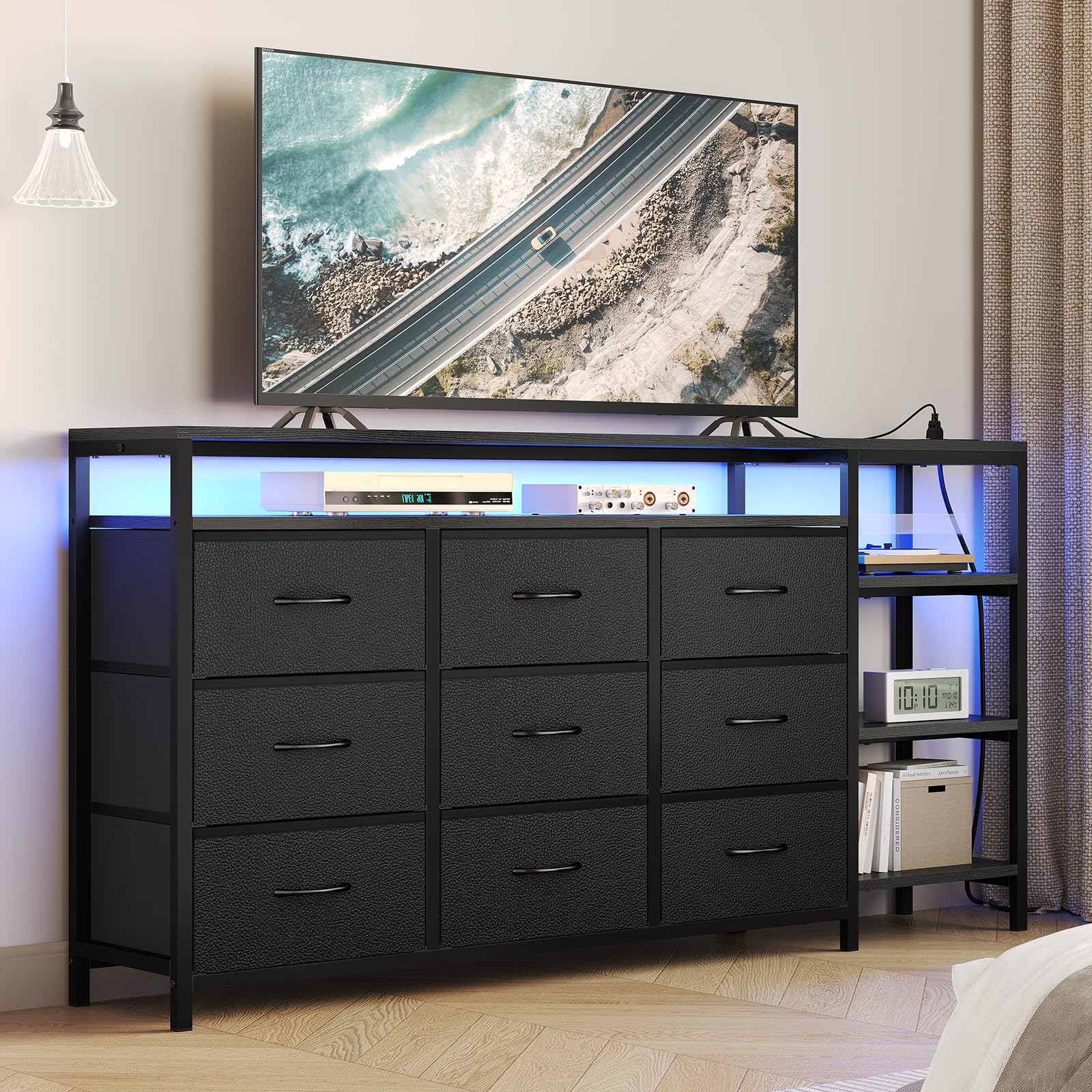 BTHFST 60 inch TV Stand for Bedroom with LED Lights & Charging Station, 9 Drawers, Entertainment Center with Drawers & Open Shelves for Living Room,