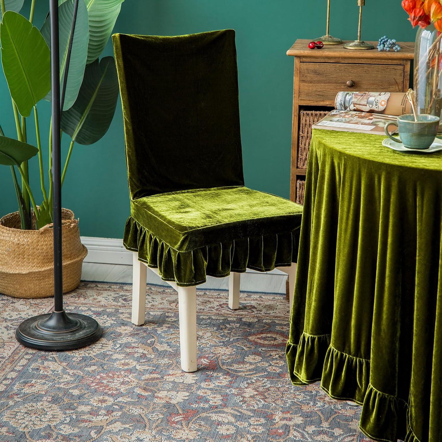Velvet Chair Covers Set of 2 Retro Ruffle Flounces Trim Soft Decorative Luxurious Solid Olive Green Farmhouse Vintage Washable Soft Stretch Dining Seat Slipcover Removable Parsons Chair Protector