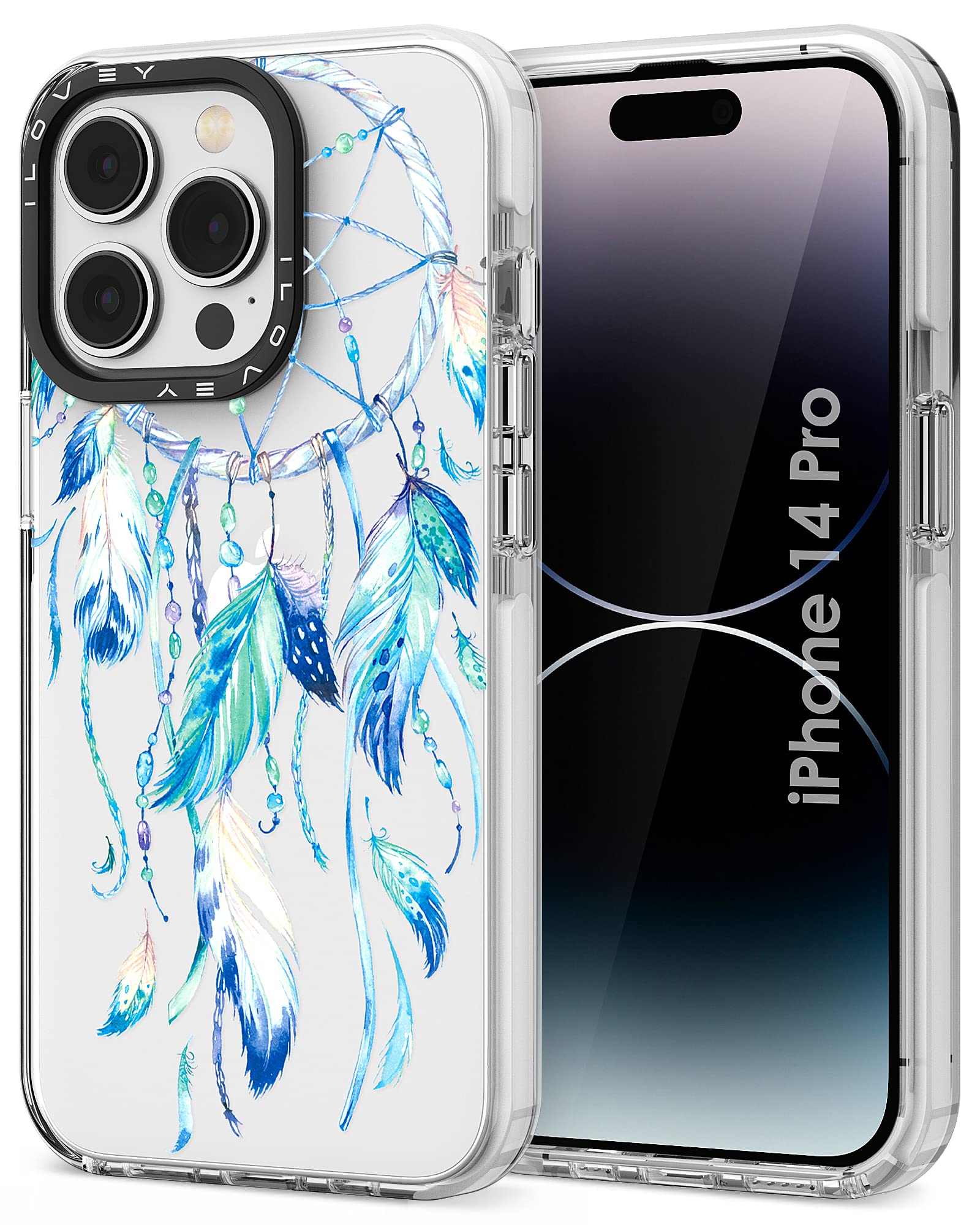 ILOVEY Compatible with iPhone 14 Pro Case, Slim Fit Crystal Clear Cover with Fashion Pattern Designs for Girls Women, Durable Protective Phone Case for iPhone 14 Pro 6.1" - Dream Feather