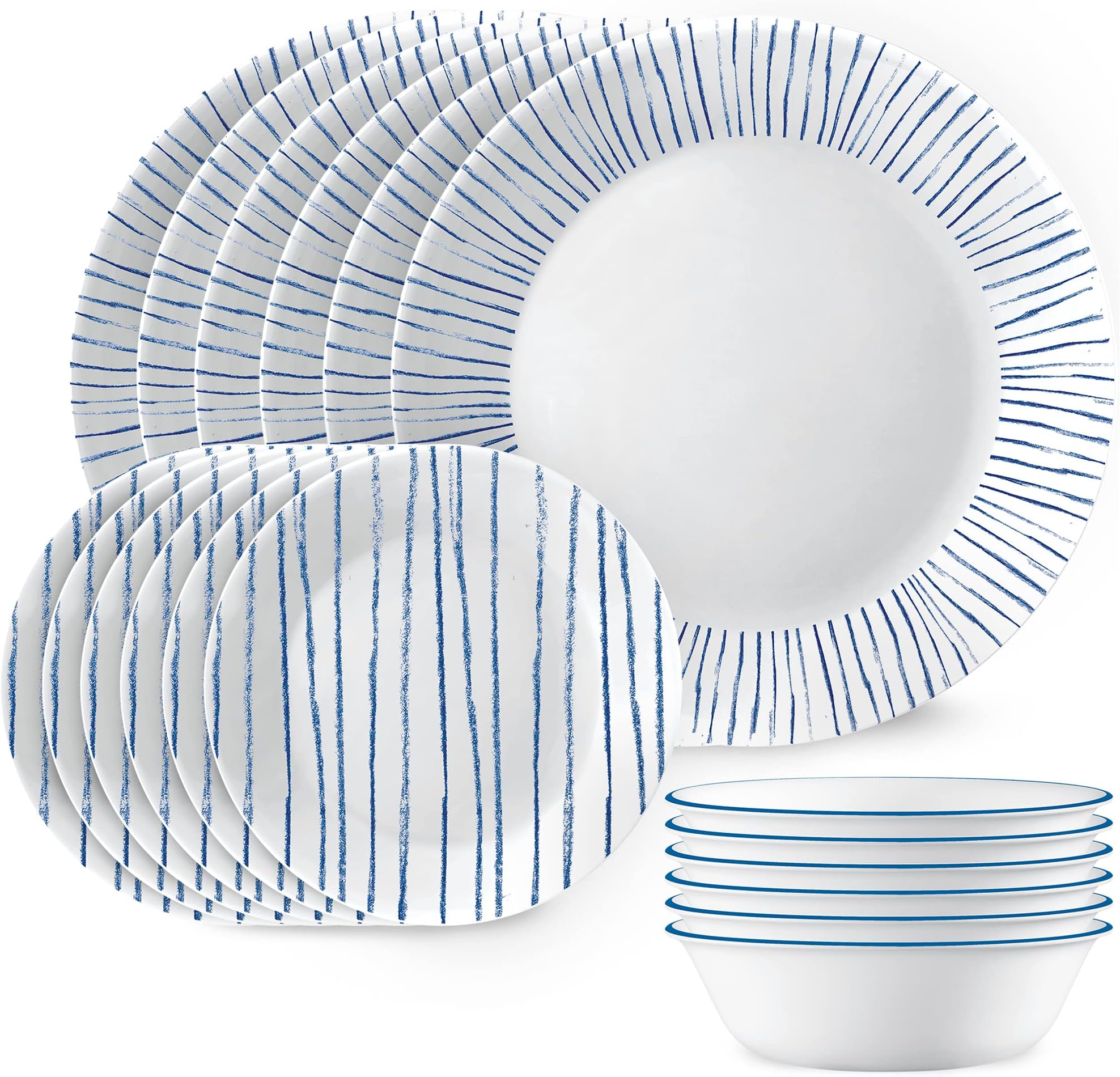 18-Piece Dinnerware Set Service for 6, Lightweight Round Plates and Bowls Set, Vitrelle Triple Layer Glass, Chip Resistant, Microwave and Dishwasher Safe, Nautical Stripes