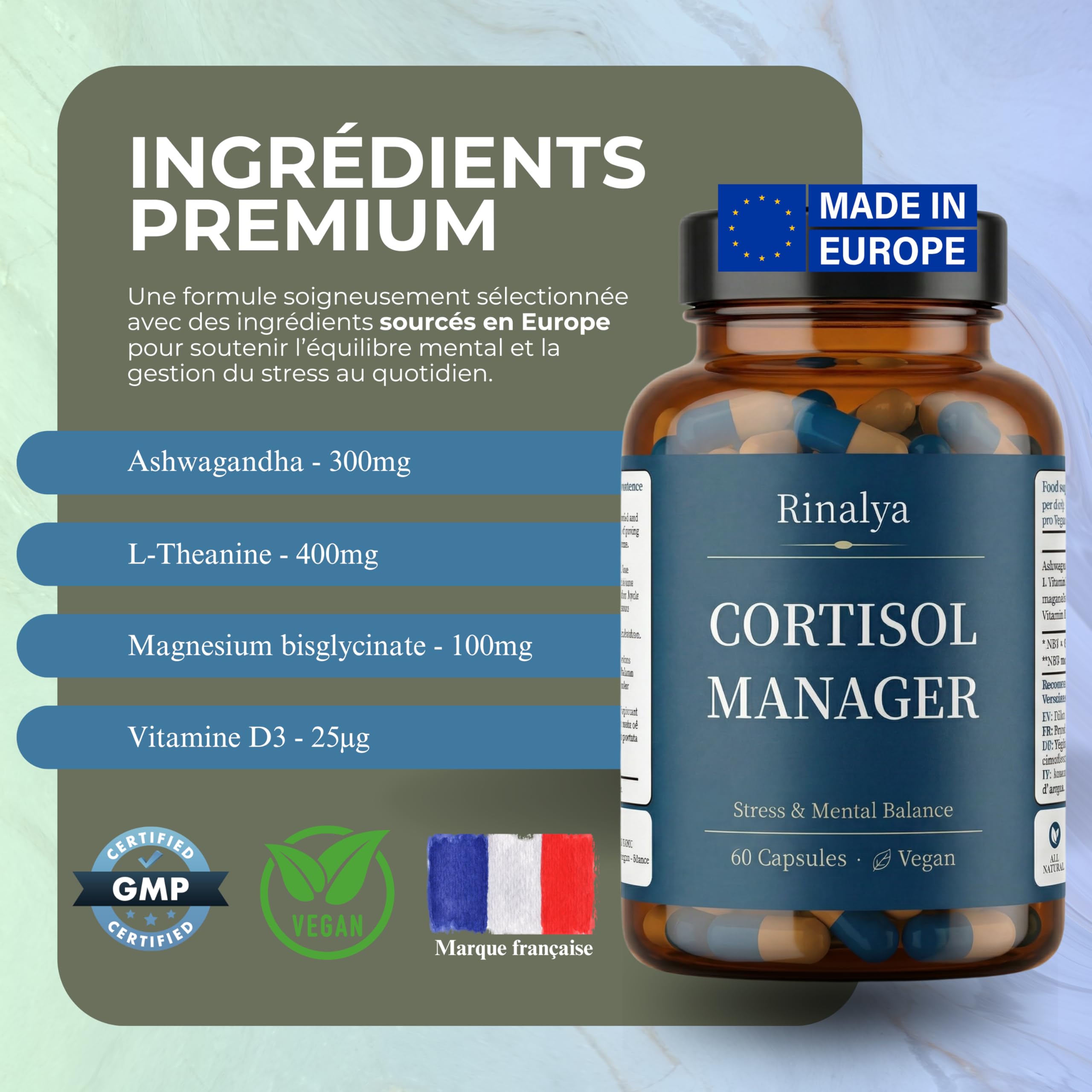 Cortisol Manager – Anti-Stress & Équilibre Mental – Ashwagandha 5% Withanolides, L-Théanine, Magnésium Bisglycinate & Vitamine D3 – Sommeil & Fatigue – 60 Gélules Végan – Cure 1 Mois