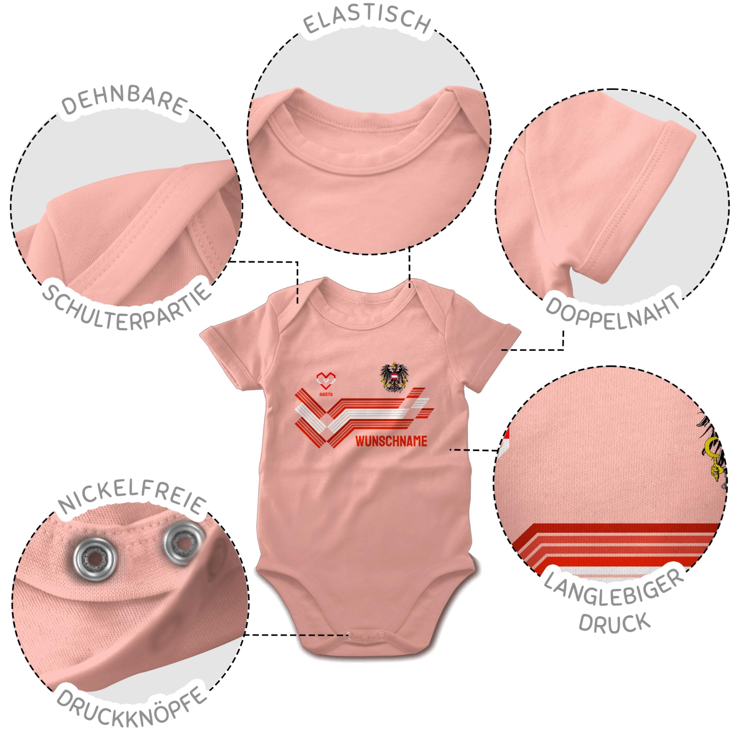 Geschenk mit Namen personalisiert by Shirtracer - Baby Body Junge Mädchen - 2024 Fussball EM Fanartikel - Personalisierbares Österreich Motiv Trikot | Individuelles Austria Design mit Wappen und