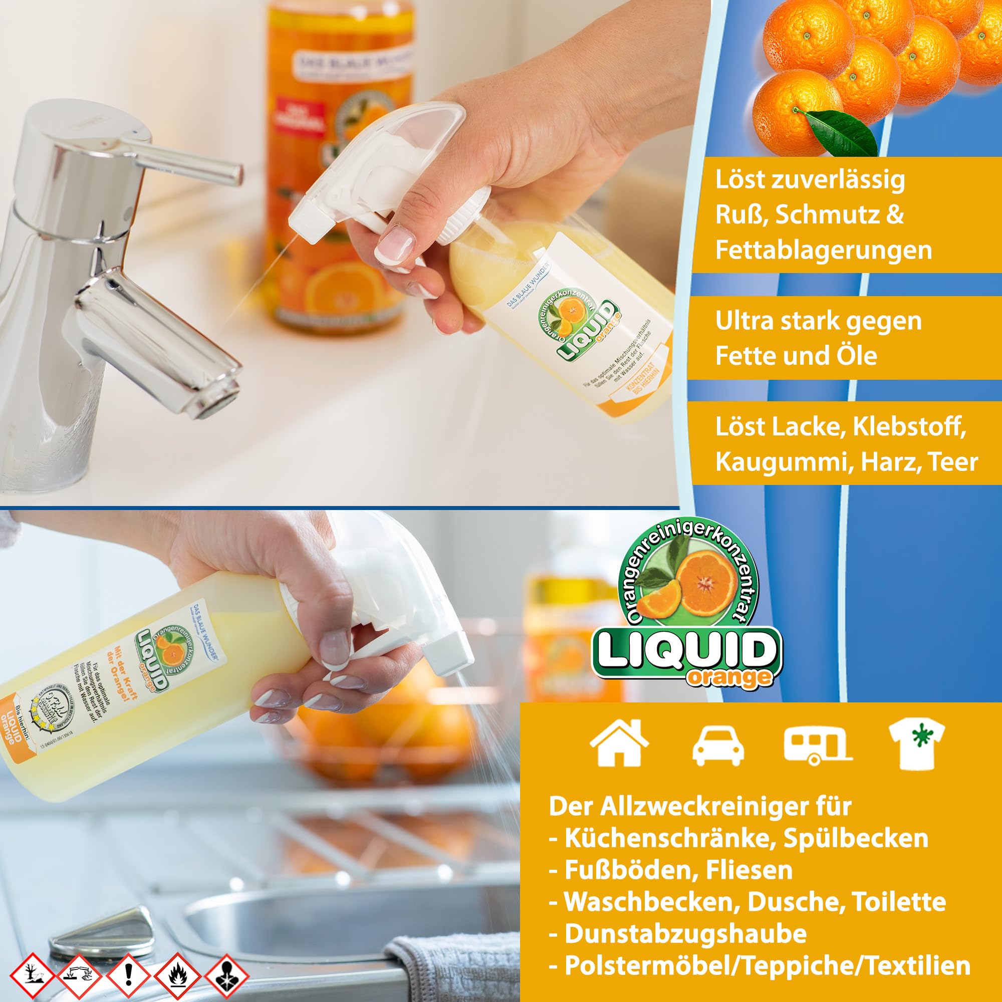 Das blaue Wunder Liquid Orange Orangenreiniger 2 x 500 ml Konzentrat, Allzweckreiniger für den Haushalt, Universalreiniger für Küche Bad Auto, inkl. Sprühflasche