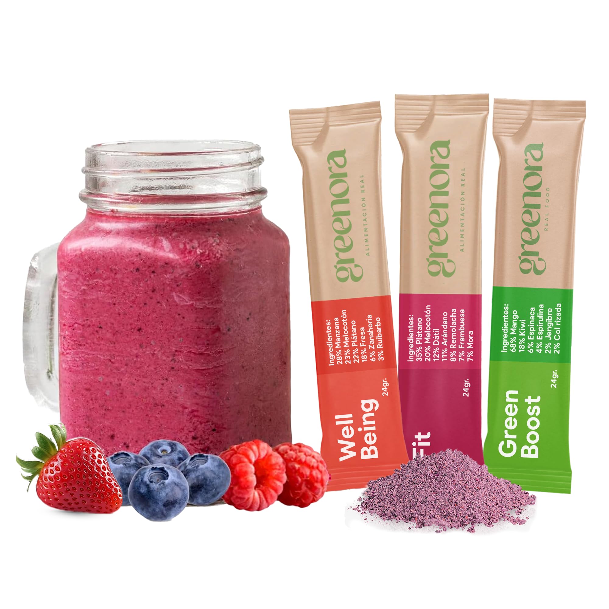 GREENORA Smoothie Vegano de Fruta Liofilizada, Mix de Sabores, Fresa, Manzana, Espirulina, Kiwi, Mango y Plátano en Polvo, Ideal para Recetas, Sin Azúcar ni Aditivos, 9 Unidades (Sticks)