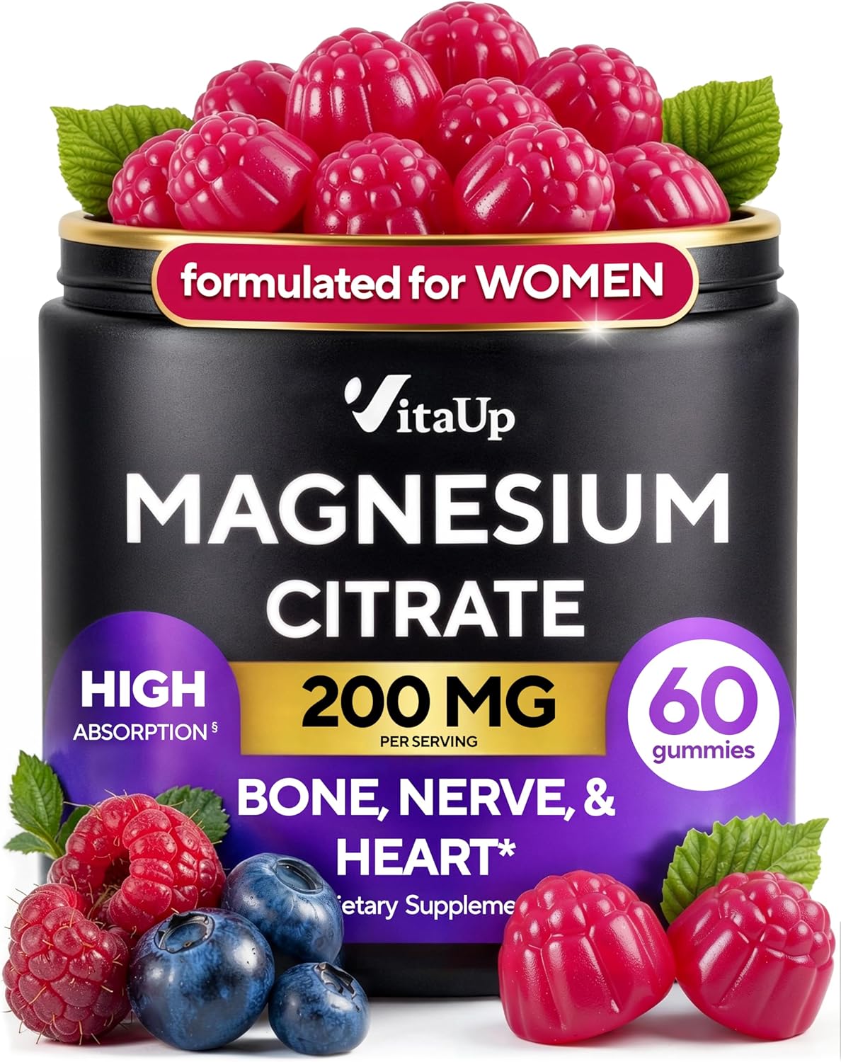 Magnesium Gummies for Women 200 mg – High Absorption Magnesium Citrate Gummies – Chewable Supplement for Adults to Support Normal Nerve, Bone & Heart Function – Vegan Chews, 60 Count