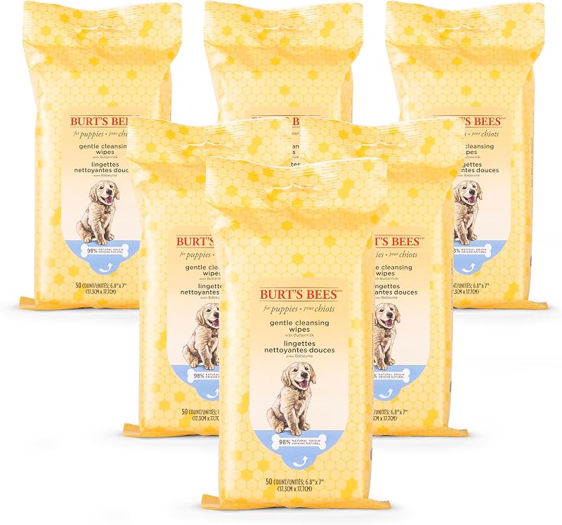 Burts Bees for Pets Gentle Cleansing Puppy Wipes, Buttermilk, 50 Ct, 6-Pk | Buttermilk formula, hypoallergenic, 98% natural origin, gentle cleansing and conditioning