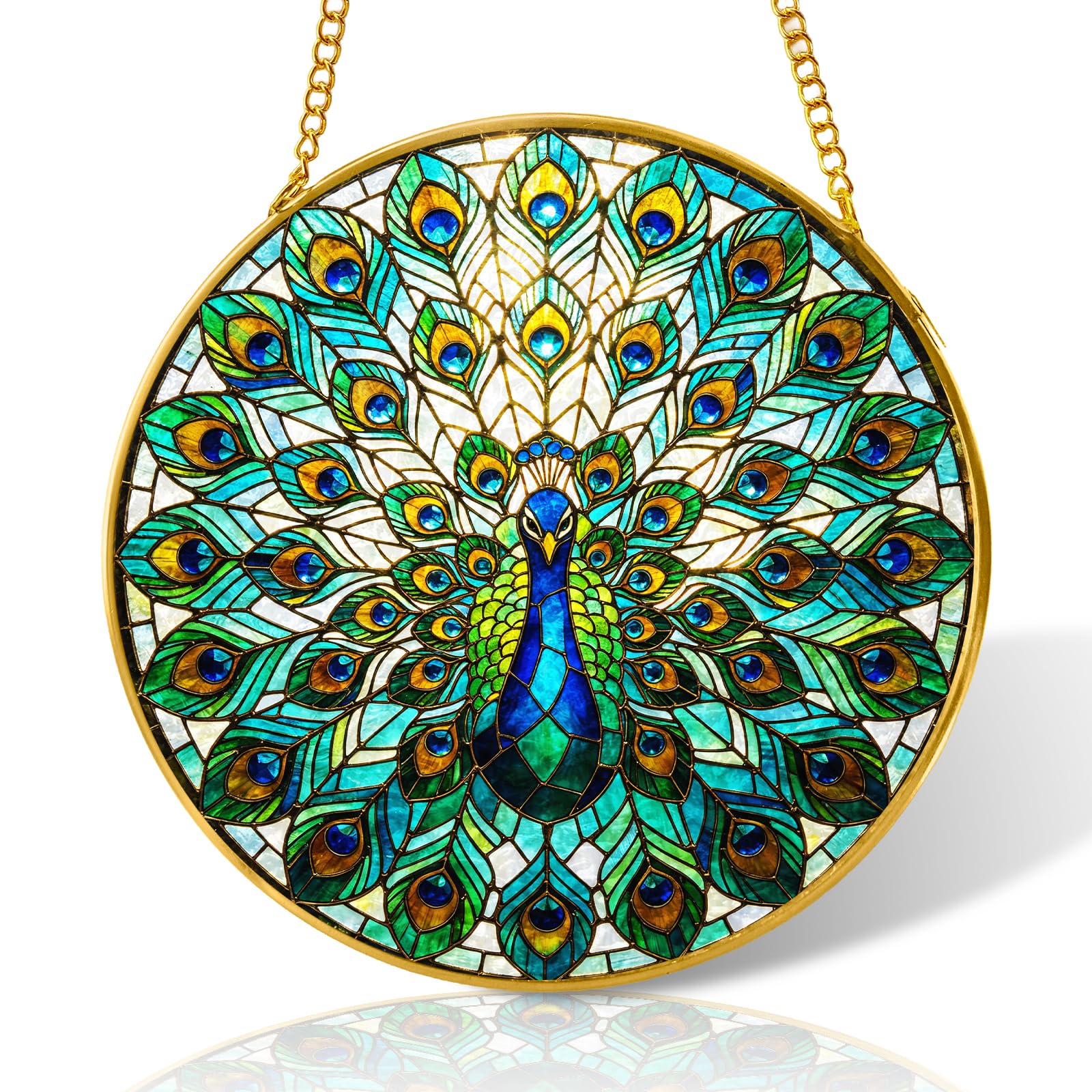 6 inch Green Peacock Stained Glass Suncatcher Windows Hanging,Stained Glass Ornament Home Decor,Suncatchers for Windows Hanging,Birthday Gifts for Women,Lovers,Friend(Gold)