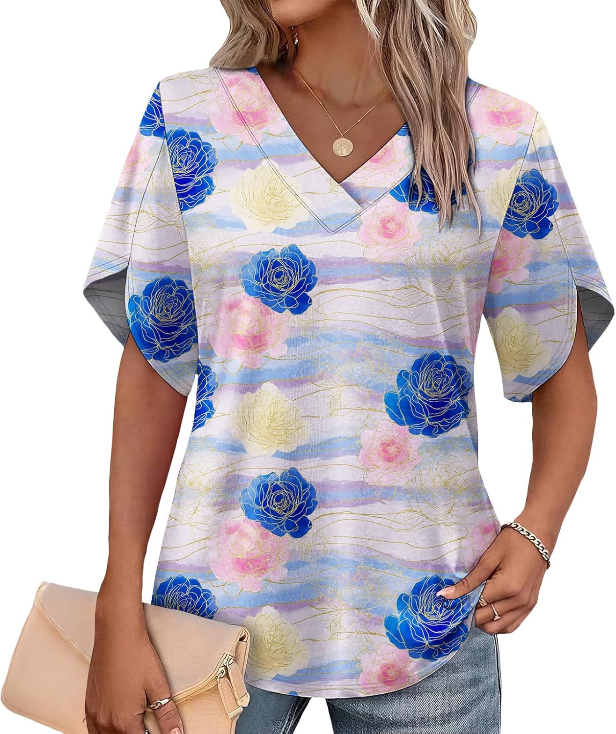 Womens Short Sleeve Tops Dressy Casual V Neck Dressy Summer Trendy Shirts Business Work Blouses