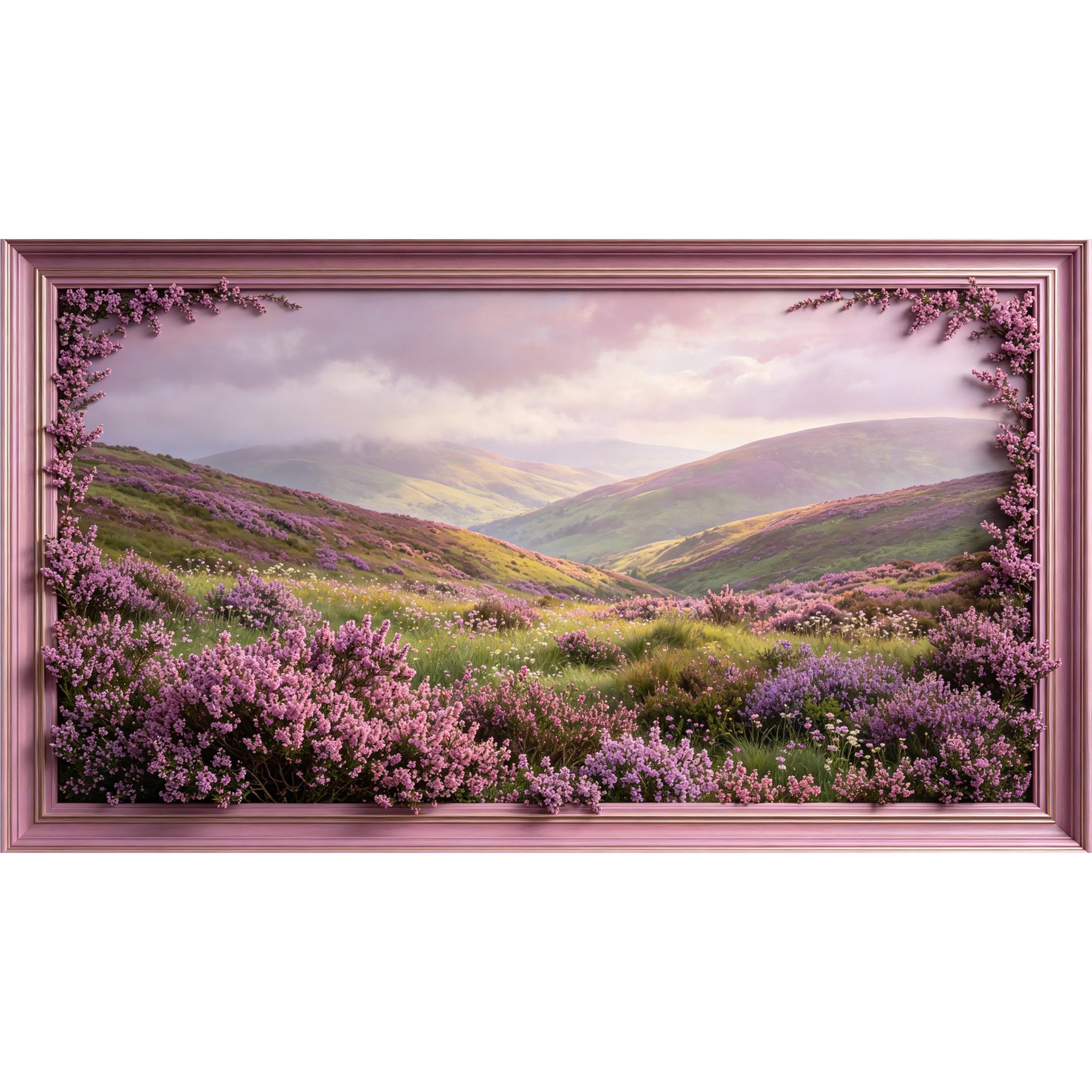 QZLITHOTIC 50×90cm3D Framed Wall Art， Botanical Mountain Landscape Floral Mural， Water?Activated Peel & Stick Fabric Decor Wall Decal for Bedroom Living Room