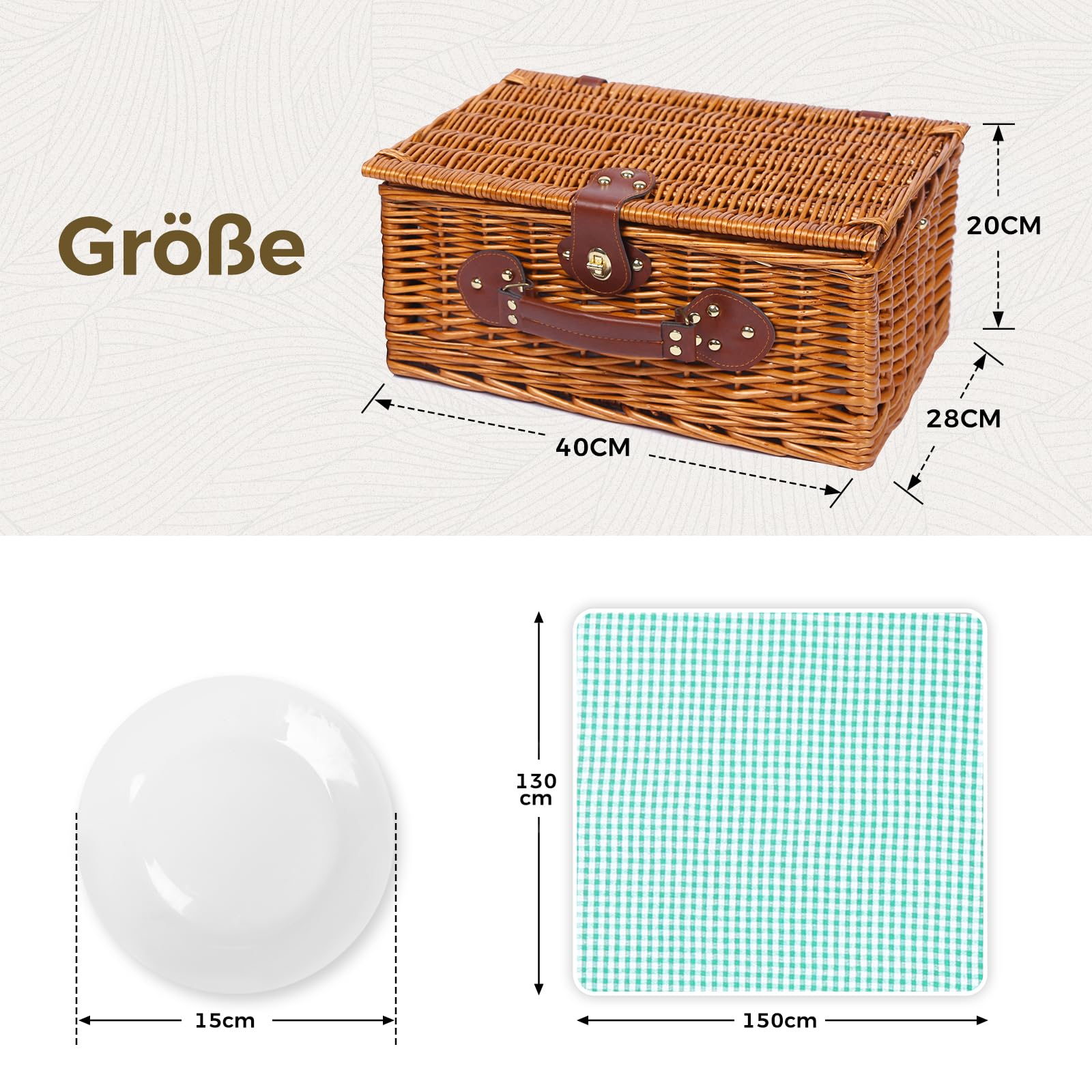Juego de cesta de picnic para 4 personas con compartimento refrigerador y manta de picnic impermeable, correa extraíble, bolsa de vino, juego de cubiertos, para camping, playa, senderismo,