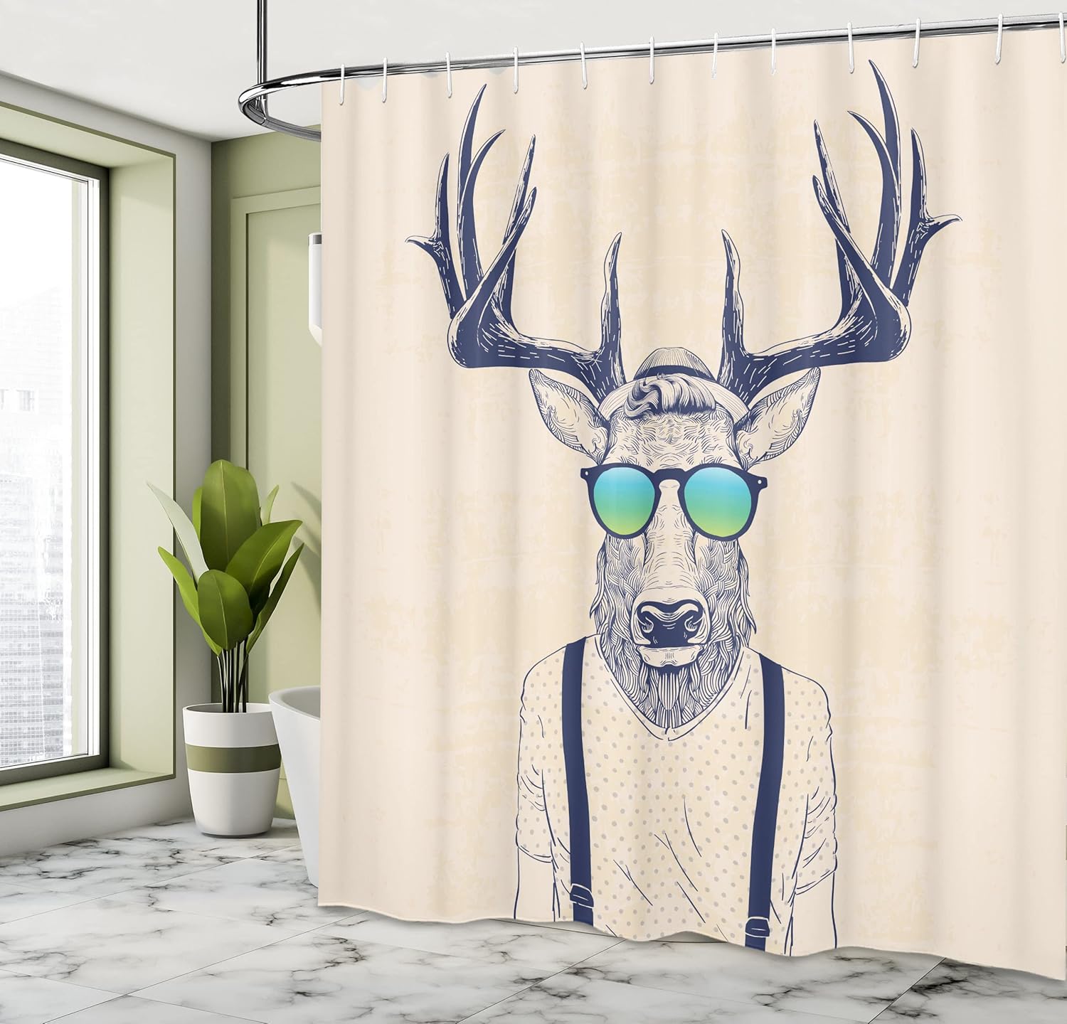 Ambesonne Antlers Shower Curtain, Illustration of Deer Dressed up Like Cool Hipster Fashion Creative Fun Animal Washable, Cloth Fabric for Bathroom Decor Set with Hooks, 69" W x 75" L, Beige Dark Blue