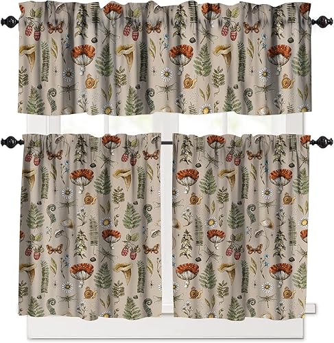 HROZINO Juego de 3 piezas de cenefa de ventana de champiñones, cortinas decorativas con estampado de vainilla y bosque vintage para dormitorio,
