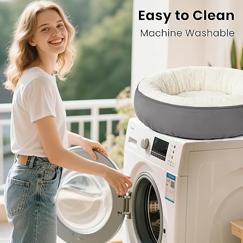 Miniatura 8 de Love's cabin Cama redonda con forma de dona para gatos y perros, cama para mascotas de 25 pulgadas para gatos o perros pequeños, parte inferior