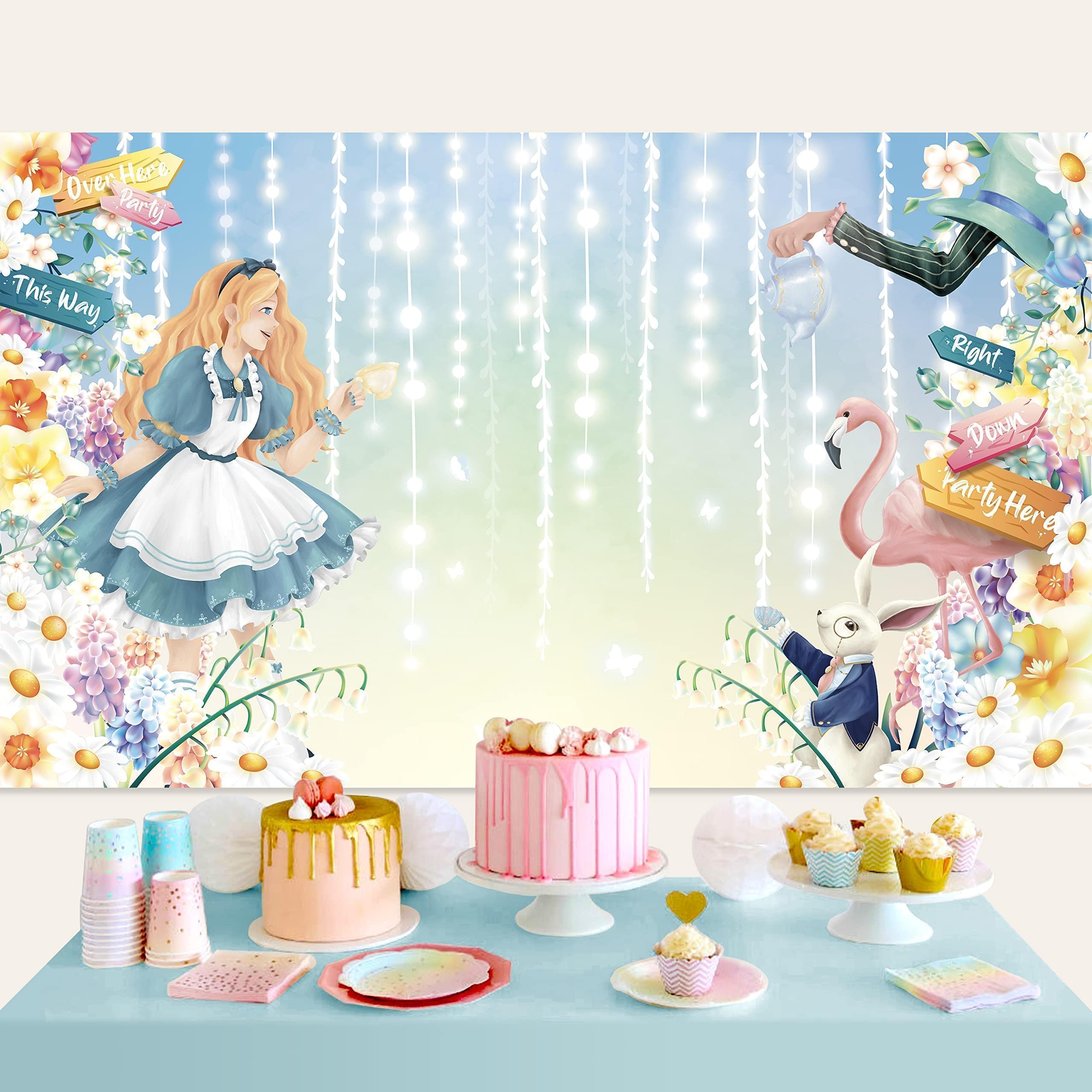 Cheerland Alice in Wonderland Backdrop Bunny Floral Theme Birthday Party Decorations for Easter Photobooth Background Wall Decor Baby Shower Pastel