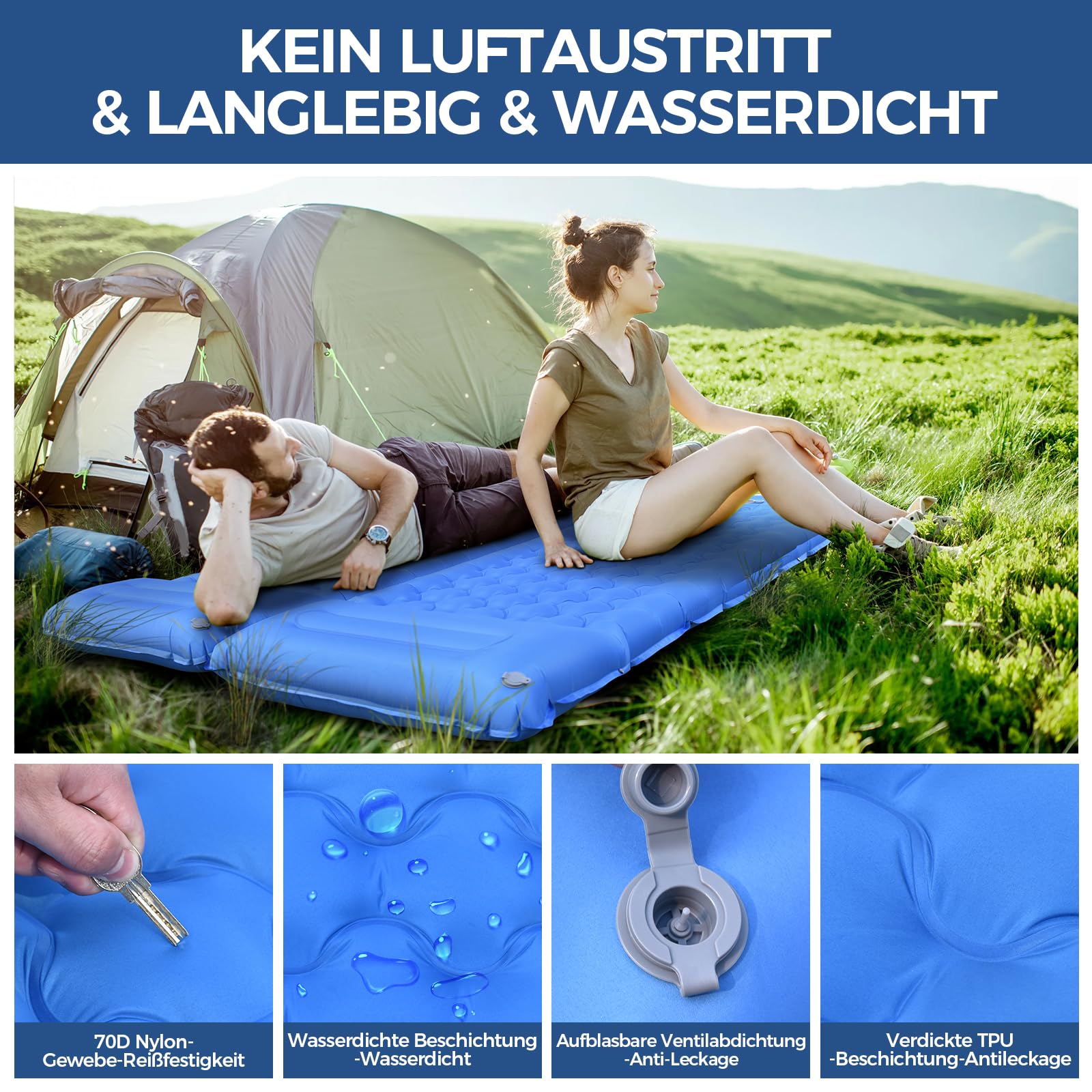 NAPASA Isomatte Camping, 14CM Verdicktes Aufblasbare Matratze mit Eingebauter Fußpresse Pumpe & Kissen, Wasserdicht, Anti-Ripstop Schlafmatte für Wandern, Strand, Reisen, Zelt(Blau)