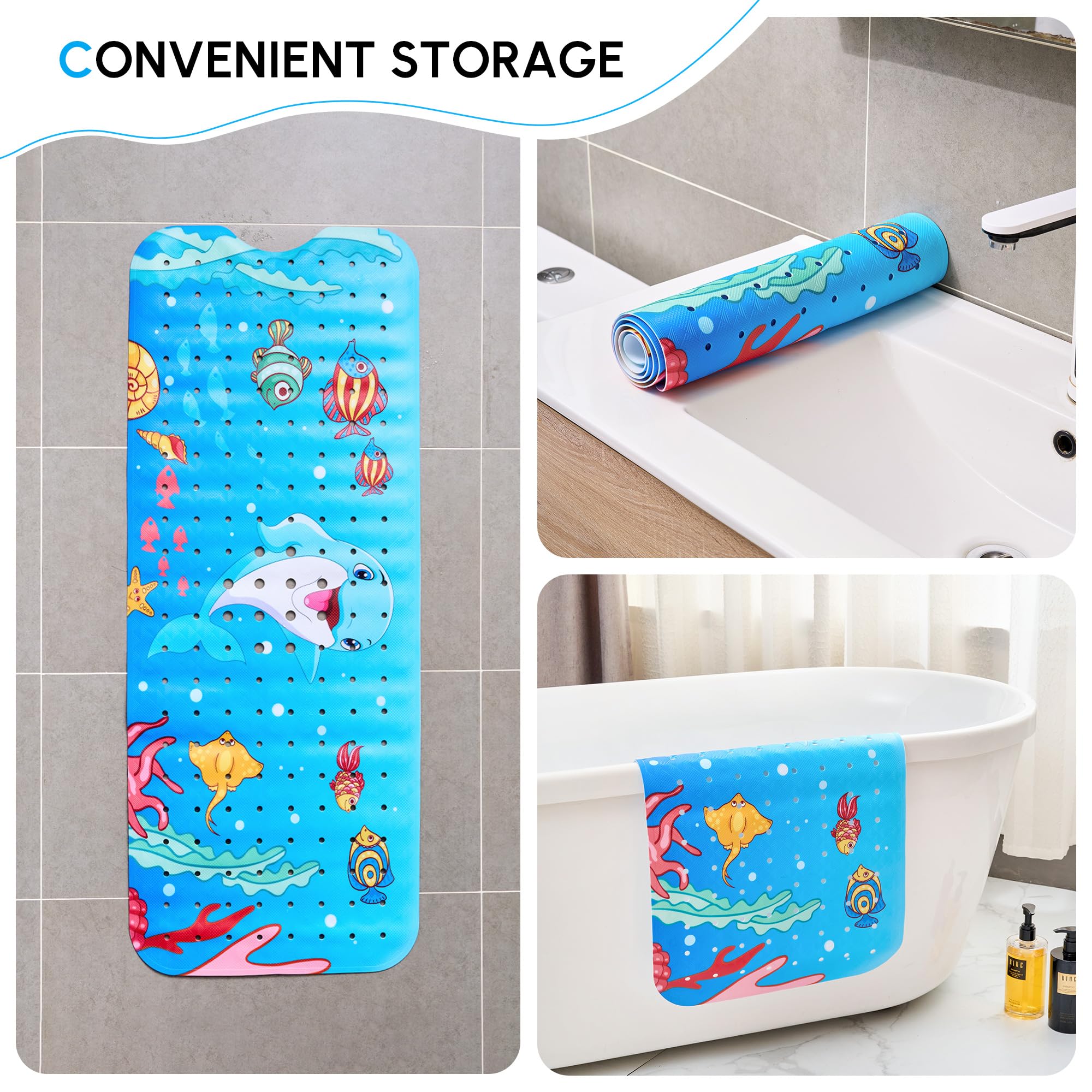 Alfombrilla de baño para bebé antideslizante para niños, 40 x 16 pulgadas, extra larga, con agujeros de drenaje y ventosas, alfombrilla de ducha antideslizante, lavable a máquina, delfín