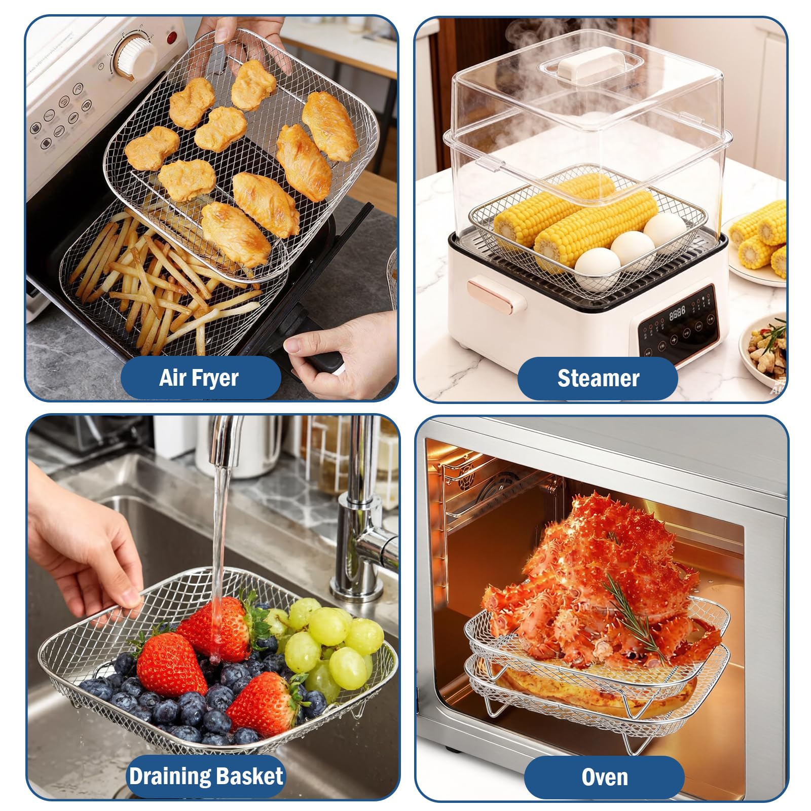 Griglia per Friggitrice ad Aria, 3 Pezzi, Impilabile in Acciaio Inossidabile, Cestello Multistrato per Frittura, Accessori per Friggitrice ad Aria con 4 Piedini in Silicone