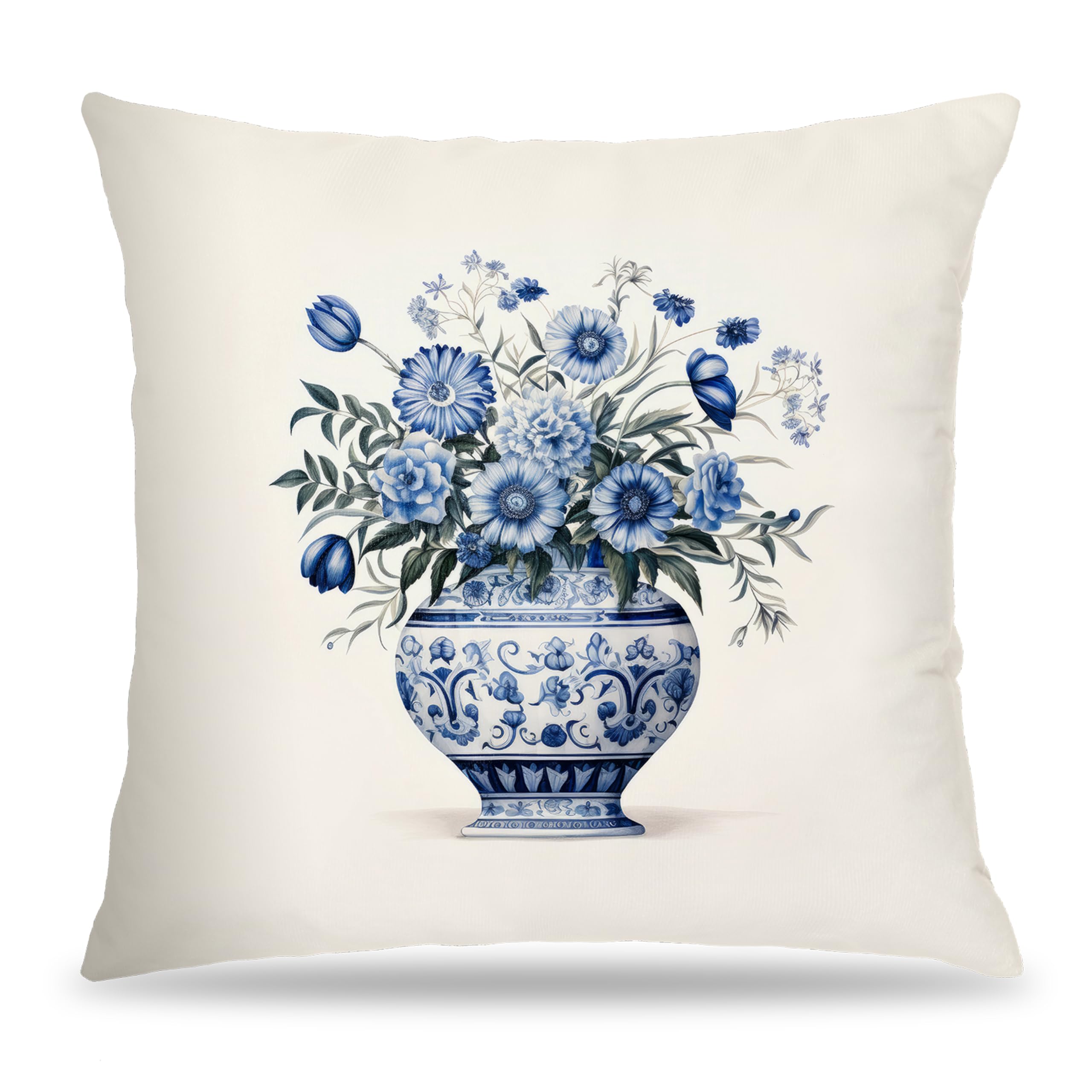 FITIE Chinoiserie Vase Peony Floral Pillow Covers 18x18, Blue and White Porcelain Flower Decorative Throw Pillow Covers for Home Bedroom Living Room,