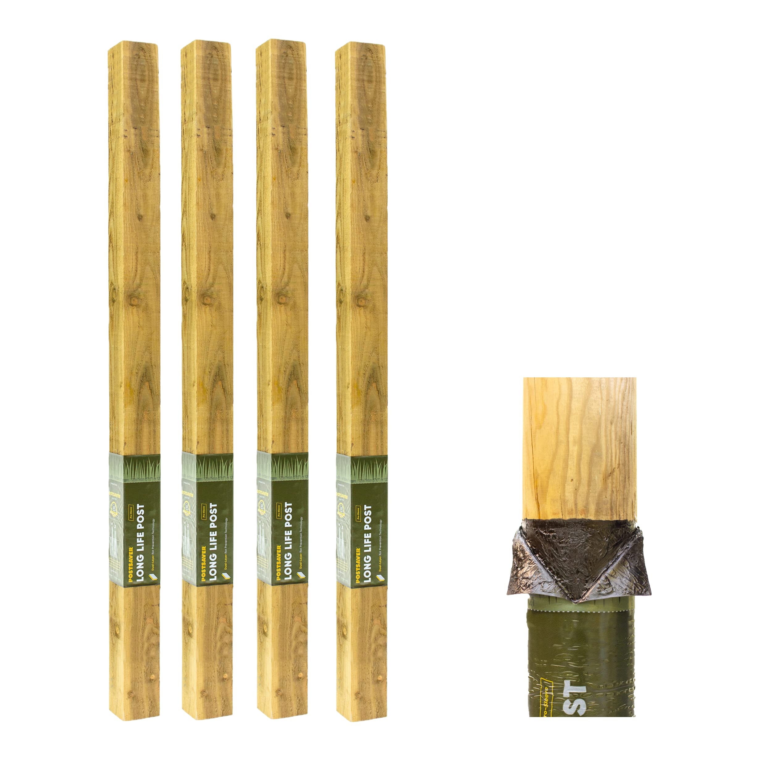 Postsaver Rot Protected Wood Fence Post 3x3" | Pressure-Treated Timber Post for Gardening | Decay-Protected with Postsaver Dual-Layer Rot Protector | 20-Year Guarantee | Pack of 4 | 8 Ft. Long