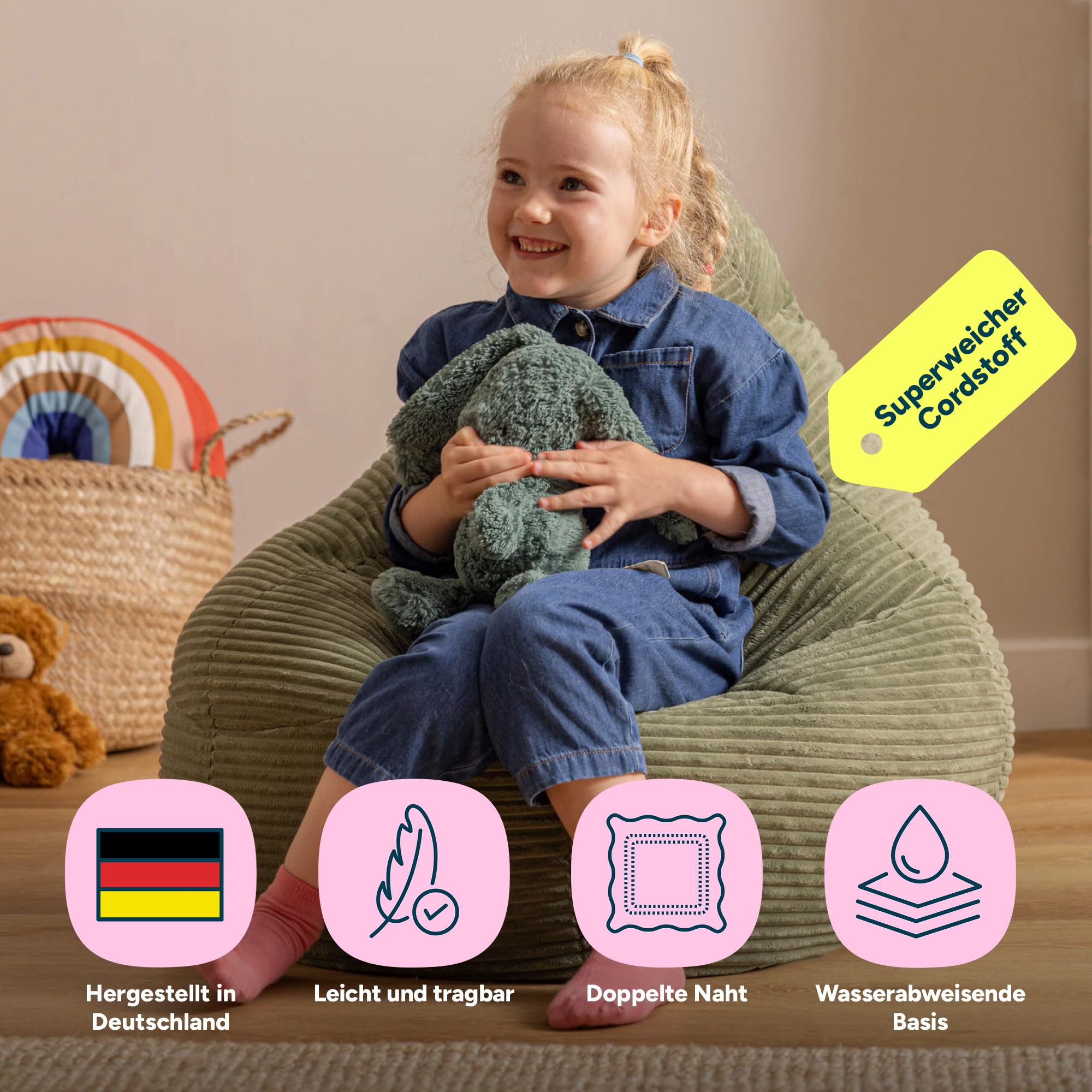 Icon Dalton Sitzsack Kinder, Salbeigrün, Flauschiger Cord Stoff, Sitzsack Cord mit Füllung, Bequemer Kinder Gaming Sessel, Kuschelsessel, Lese Sessel, Schlafzimmer, Kinderzimmer, Spielzimmer